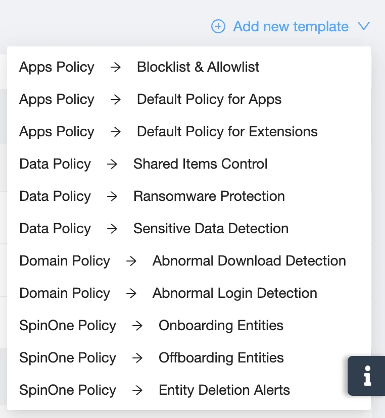 Policies Management Screen | Spin.AI Policies management screen for Microsoft 365 notifications