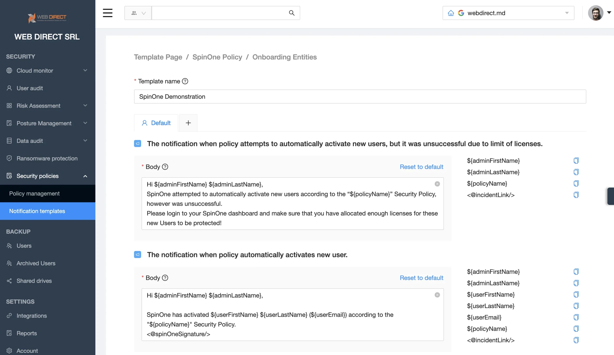 Policy Template Configuration | Spin.AI Policy template configuration screen for notifications