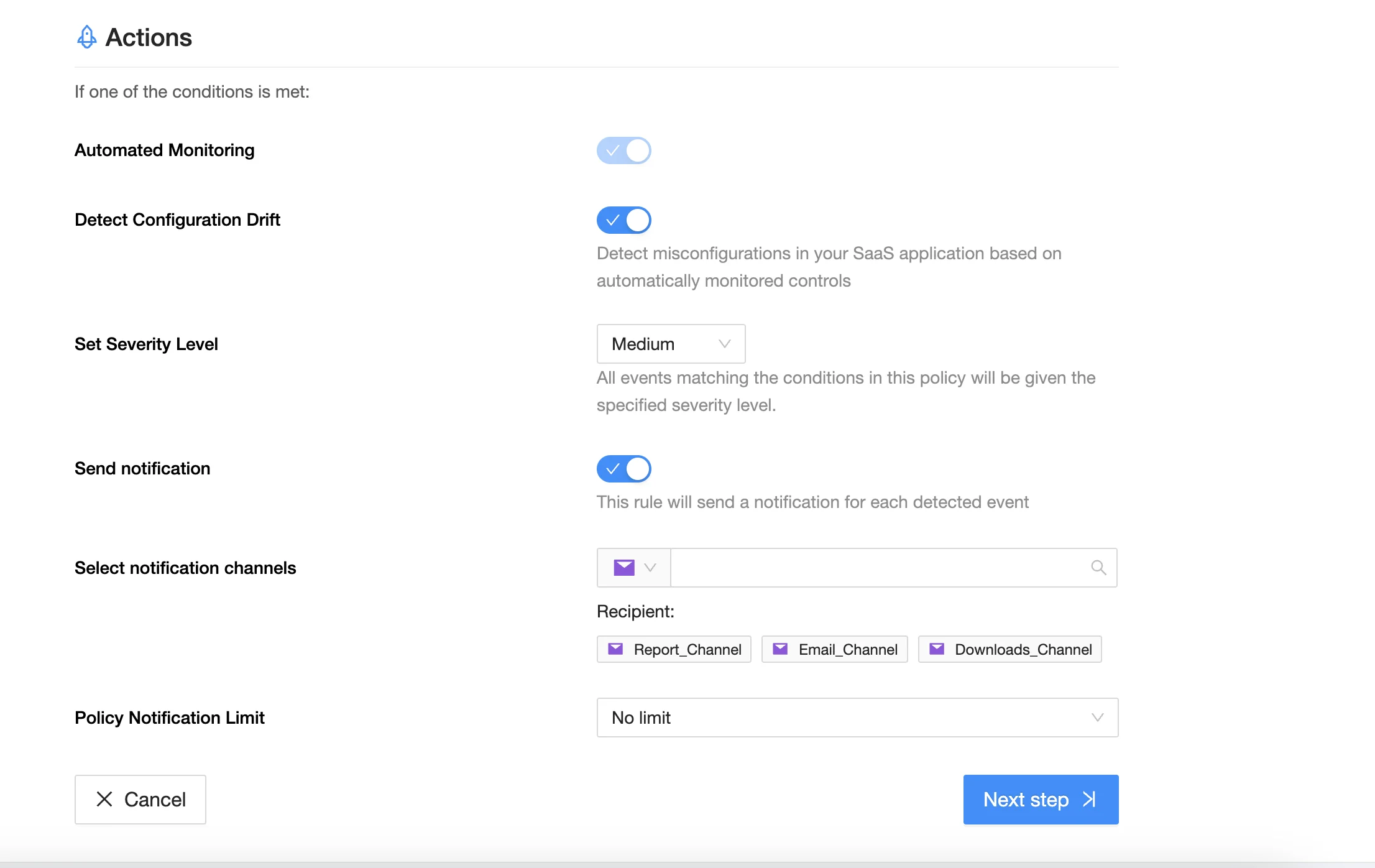 Posture Actions Configuration | Spin.AI Posture actions configuration screen in posture management policies