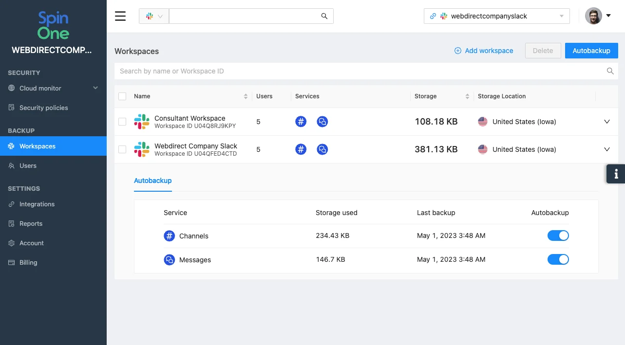 Q1 2023 Slack Integration Support | Spin.AI Dashboard-style UI showing Spin One backup console with a Workspaces list and Autobackup settings on the right panel