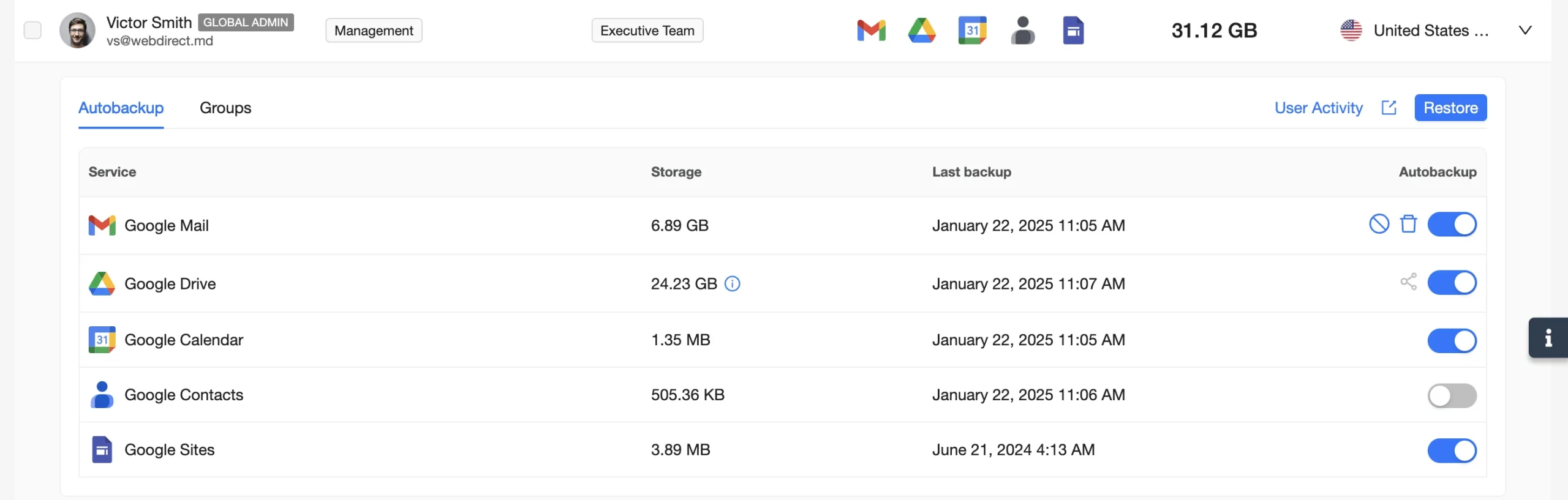 Restore Menu Screenshot | Spin.AI Spin.AI restore menu screenshot for restoring an entire user