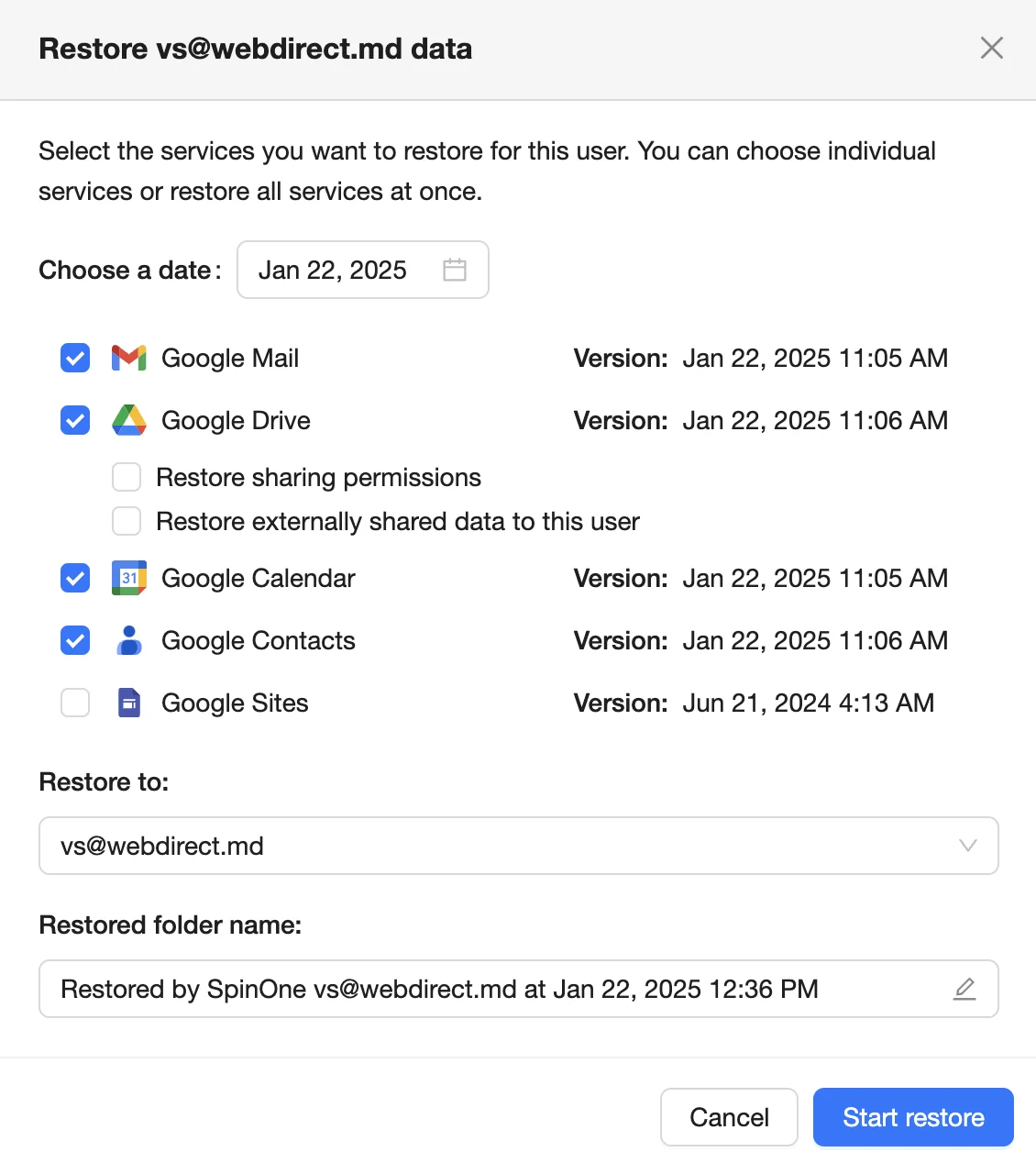 Restore entire user options | Spin.AI Options available to restore an entire user in SpinOne backup