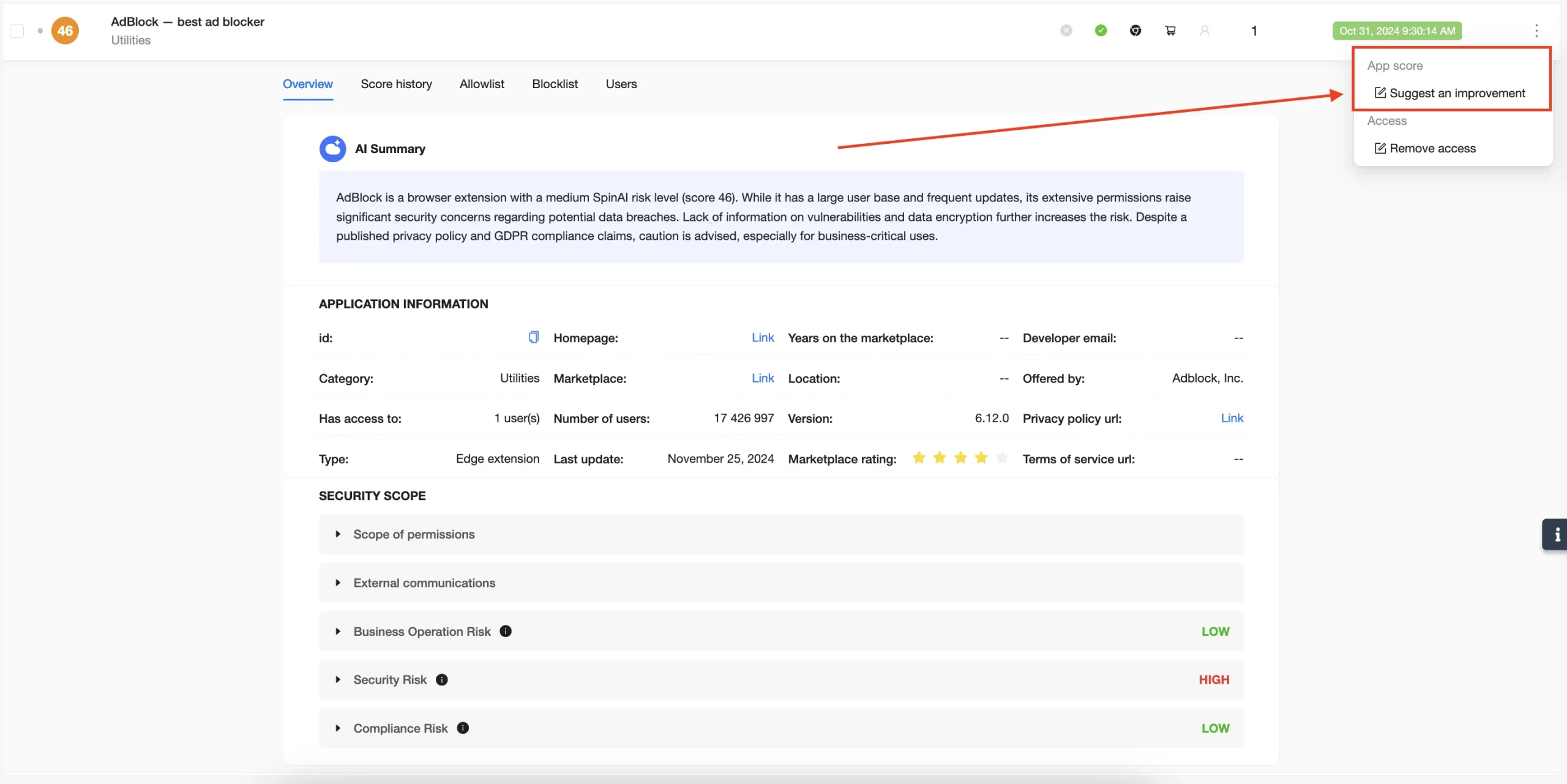 Suggestion interface for improving OAuth app risk assessment in SpinOne