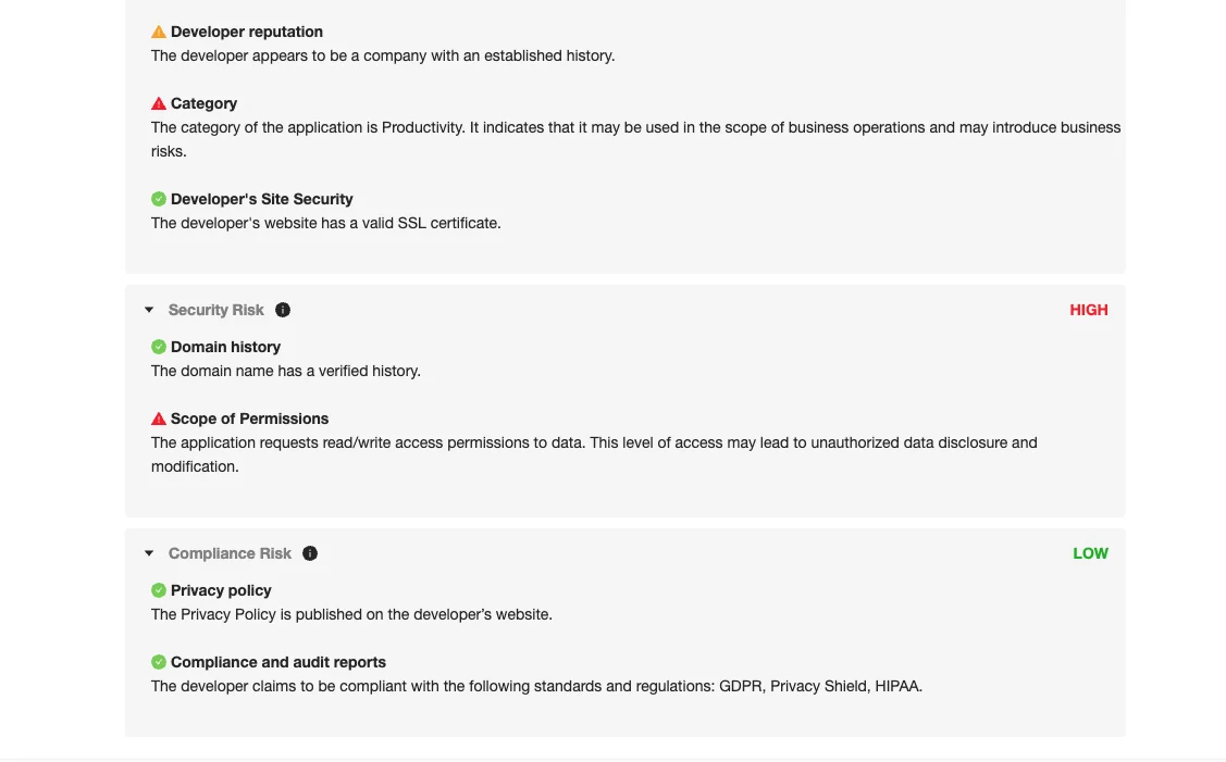 Slack app risk assessment results | Spin.AI Risk assessment results for Slack applications in SpinOne