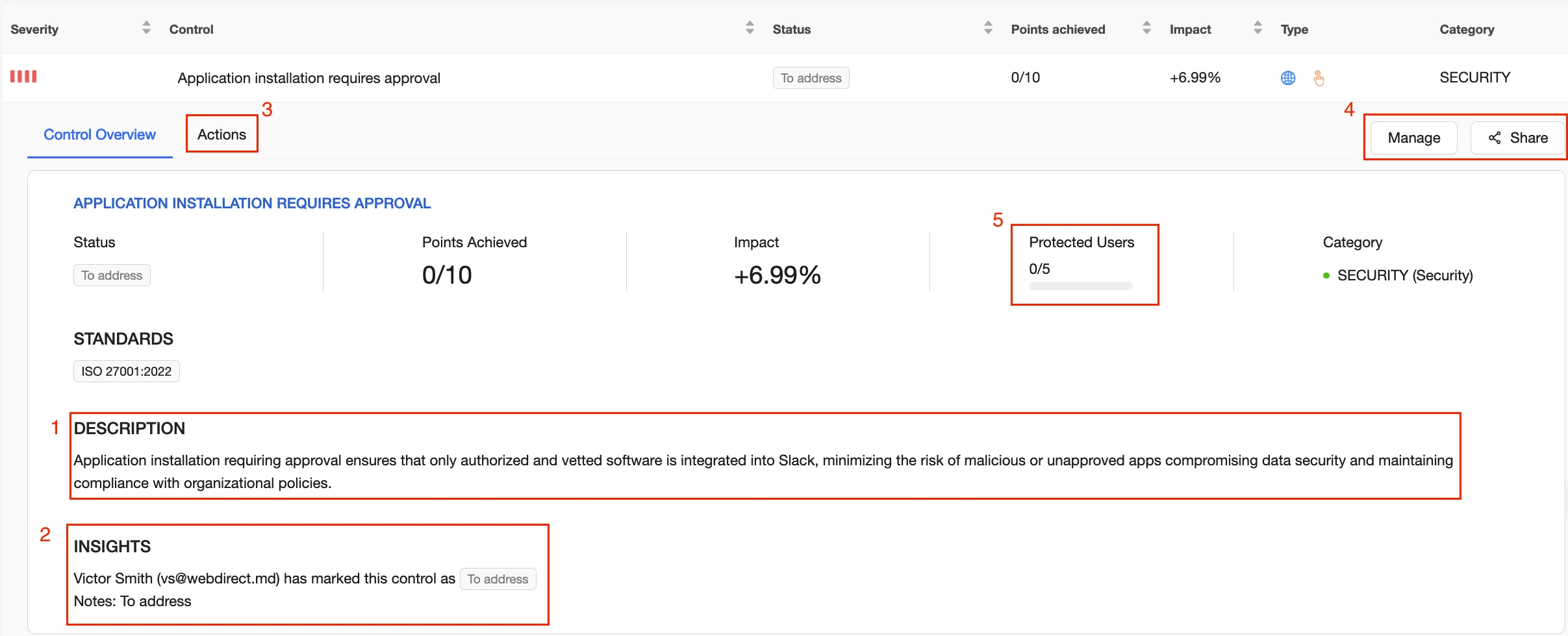 Salesforce Security Posture Management Controls | Spin.AI Security control for 'Application installation requires approval': status To address, 0/10 points, +6.99% impact, 0/5 protected users (Security).