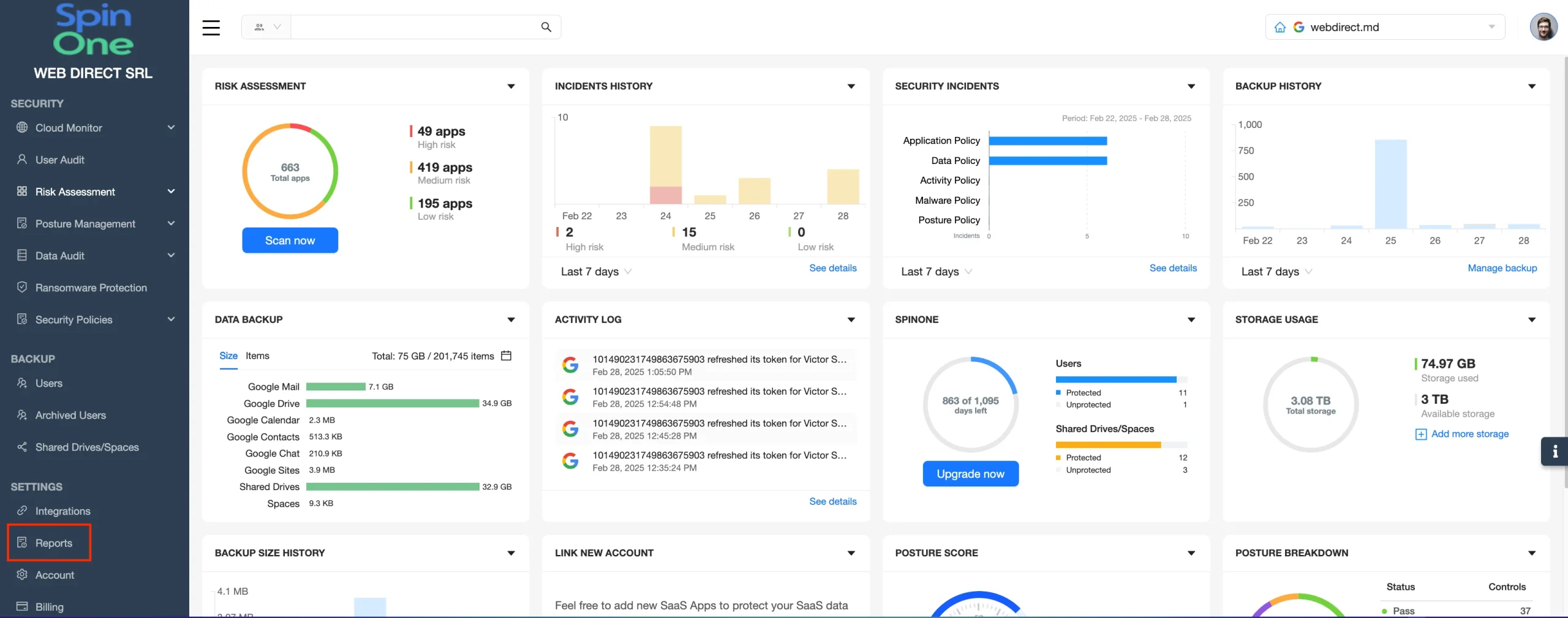 SpinOne GWorkspace Reporting Setup | Spin.AI SpinOne GWorkspace reporting setup interface screenshot