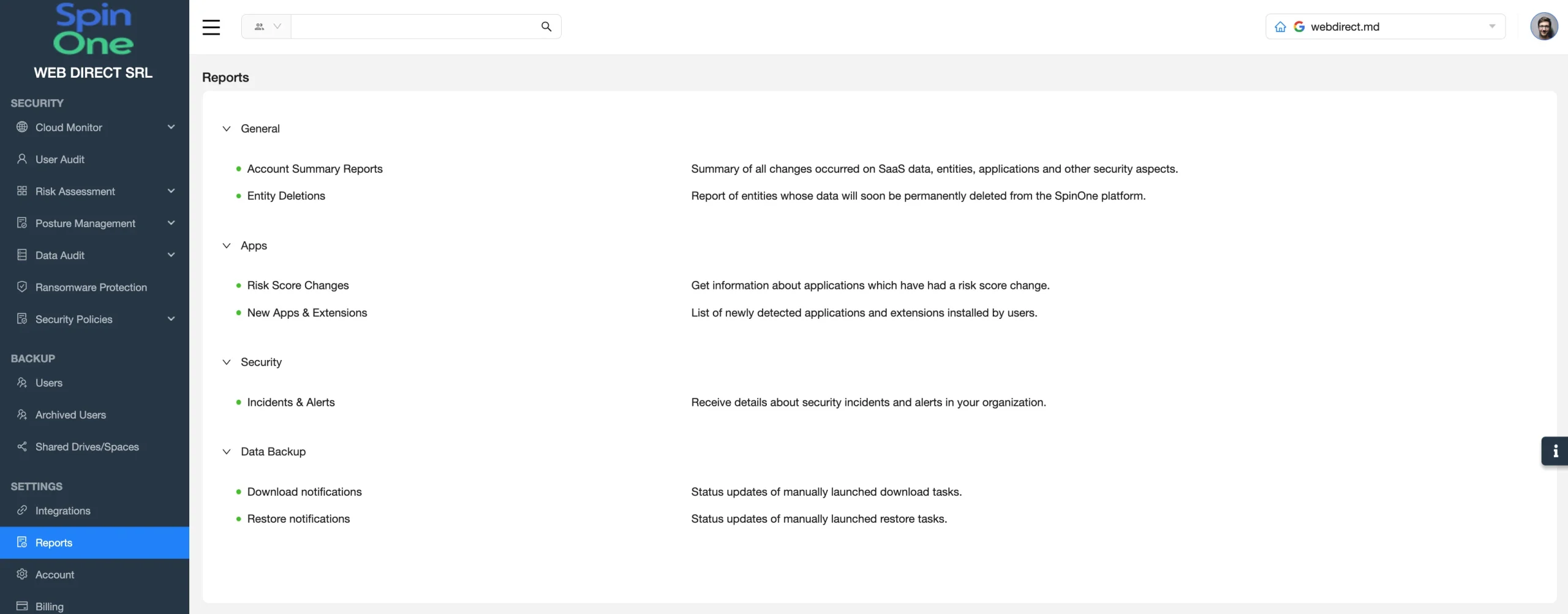 SpinOne GWorkspace Reporting Configuration | Spin.AI SpinOne security dashboard with a left navigation rail and a Reports pane listing General, Apps, Security, and Data Backup sections