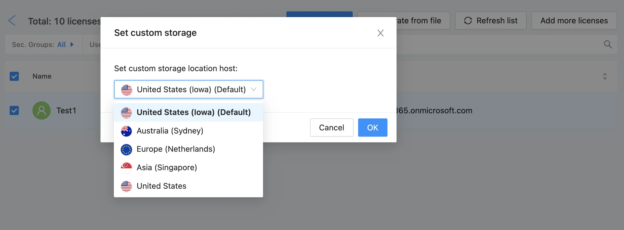 Storage Location Selection in SpinOne | Spin.AI Screenshot showing storage location selection interface in SpinOne