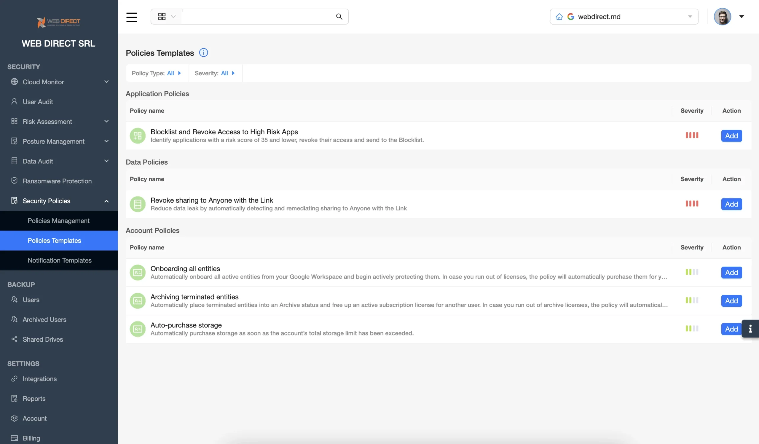 utilize pre-built policy templates 1 | Spin.AI Pre-built policy templates available for Microsoft 365 in Spin.AI platform