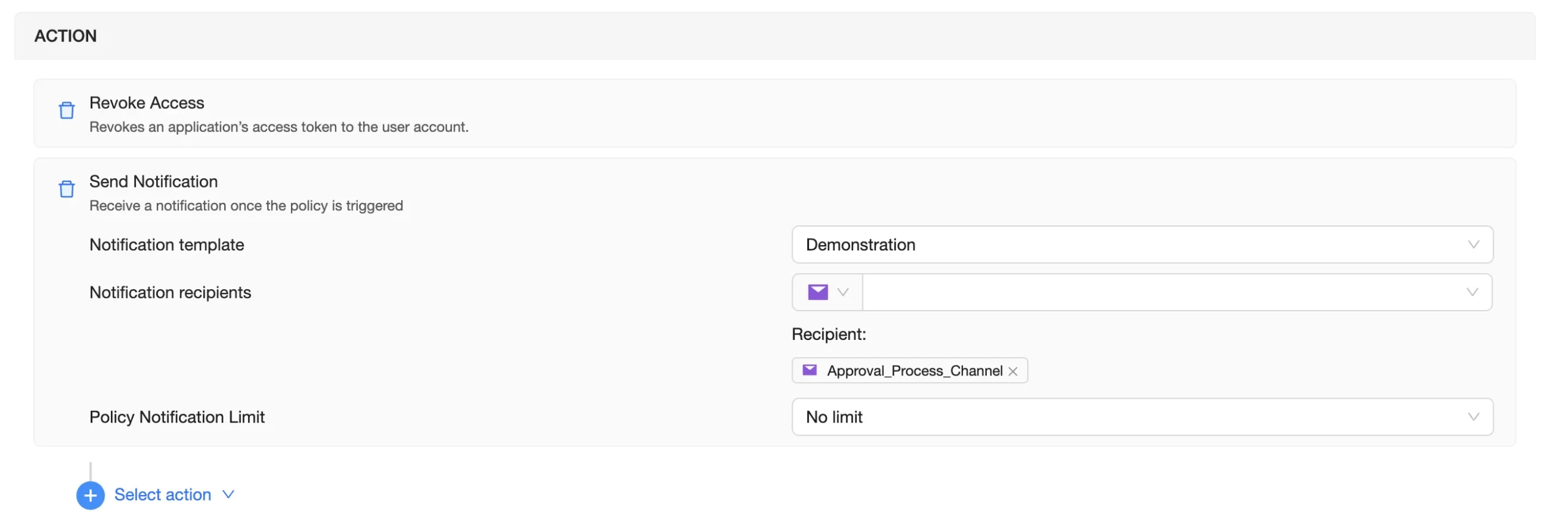 Application Policy Actions | Spin.AI Actions setup screen for application policy in Microsoft 365 on Spin.AI platform