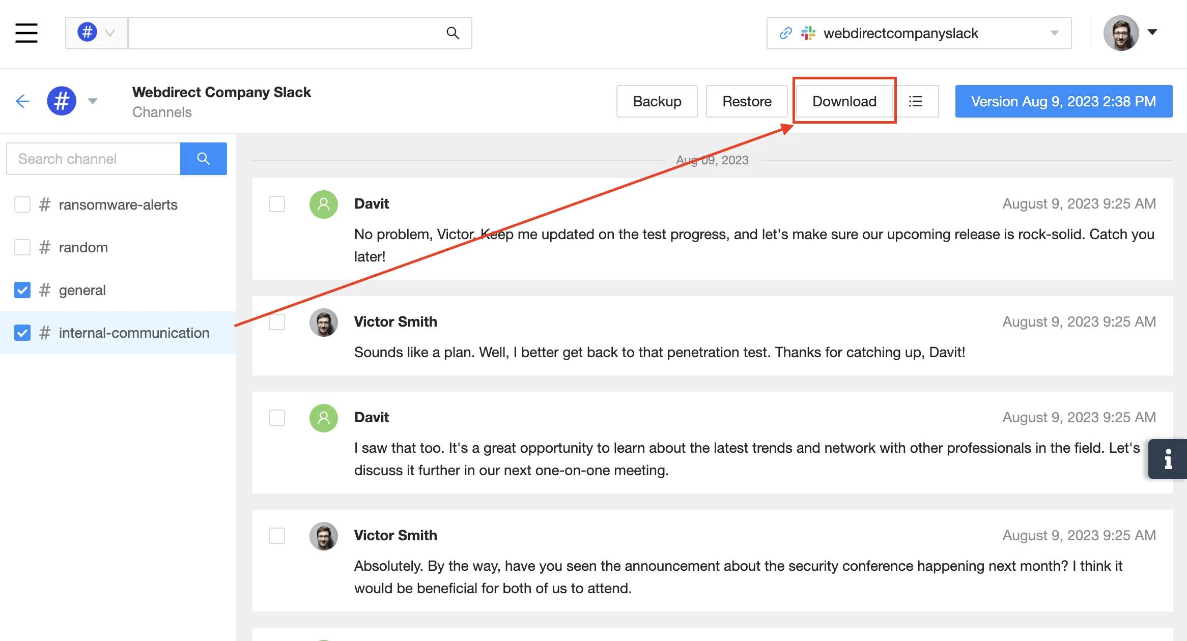 Download Slack Data Interface | Spin.AI Slack-style workspace UI with channels on the left and messages; 'Download' button highlighted in the top bar