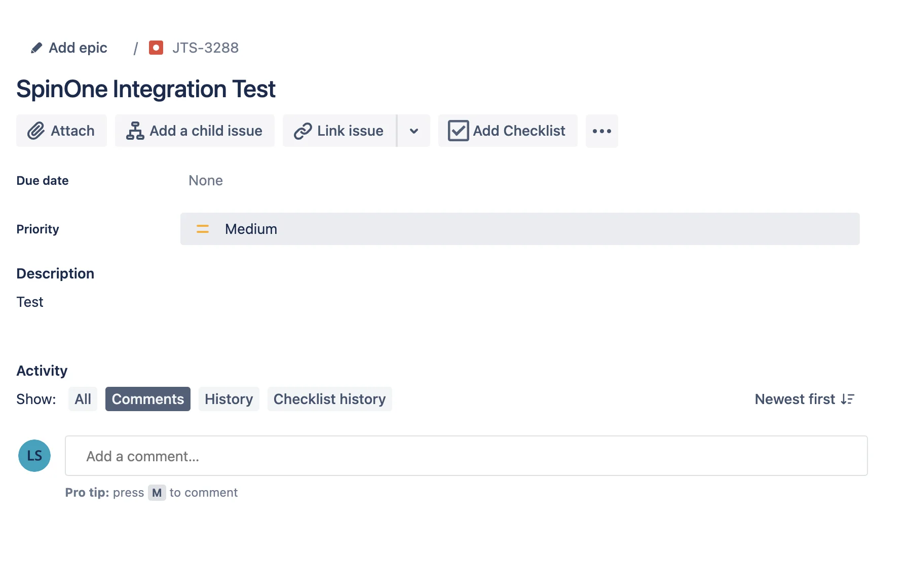 SpinOne Jira Integration Screenshot | Spin.AI Jira issue page for 'SpinOne Integration Test' with action buttons: Attach, Add a child issue, Link issue, Add Checklist; shows Due date None, Priority Medium, Description 'Test' and Activity options (Comments, History, Checklist history).