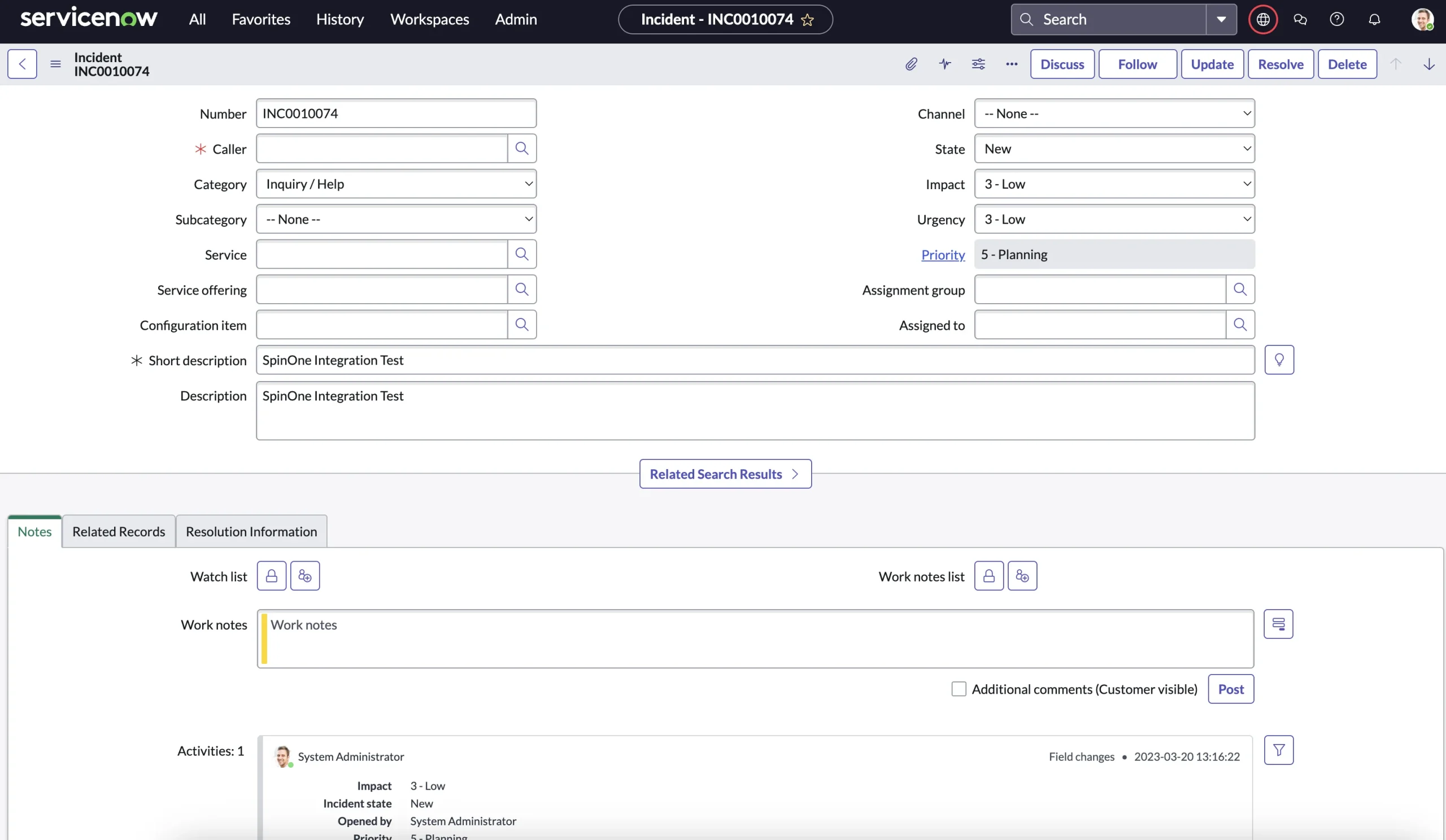 Test Incident in ServiceNow Integration | Spin.AI Test incident screen in SpinOne ServiceNow integration