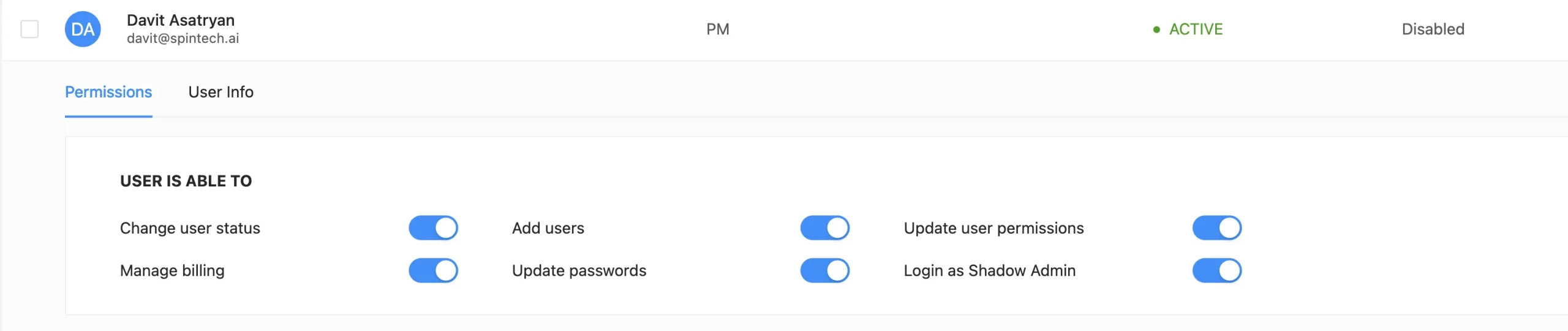 Partner Portal User Permissions | Spin.AI Partner portal user permissions management screen in SpinOne