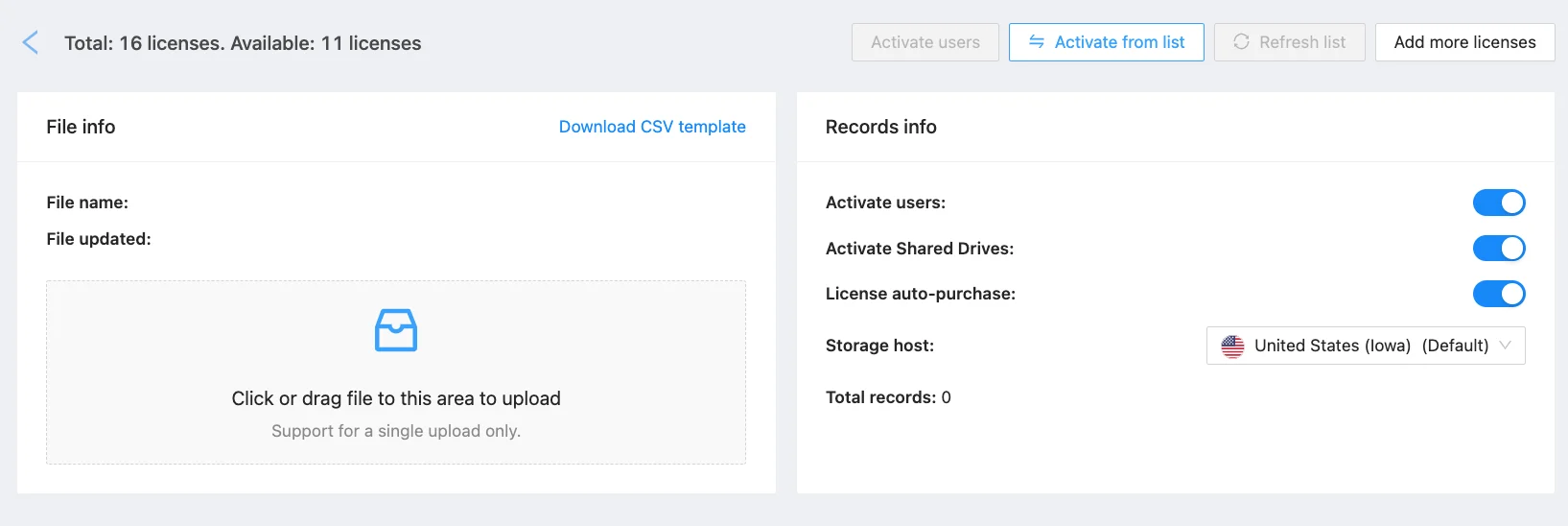 Bulk CSV Activation for Onboarding | Spin.AI Bulk CSV file activation screen for onboarding entities in SpinOne