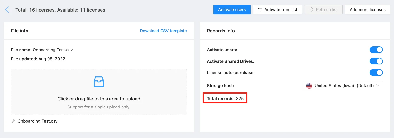 CSV Submit for Onboarding Entities | Spin.AI CSV submit screen for onboarding entities in SpinOne