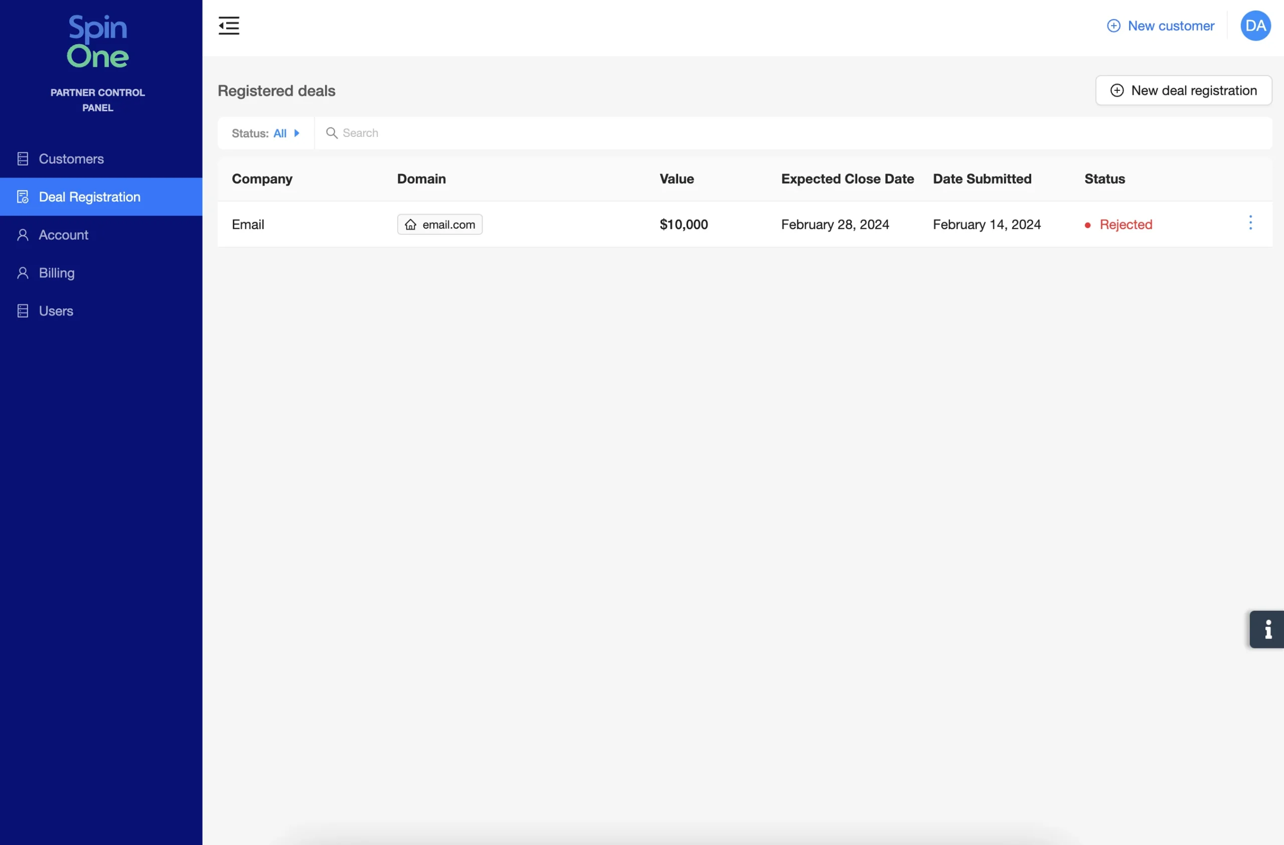 Deal Registration Screen | Spin.AI Deal registration screen in SpinOne partner portal