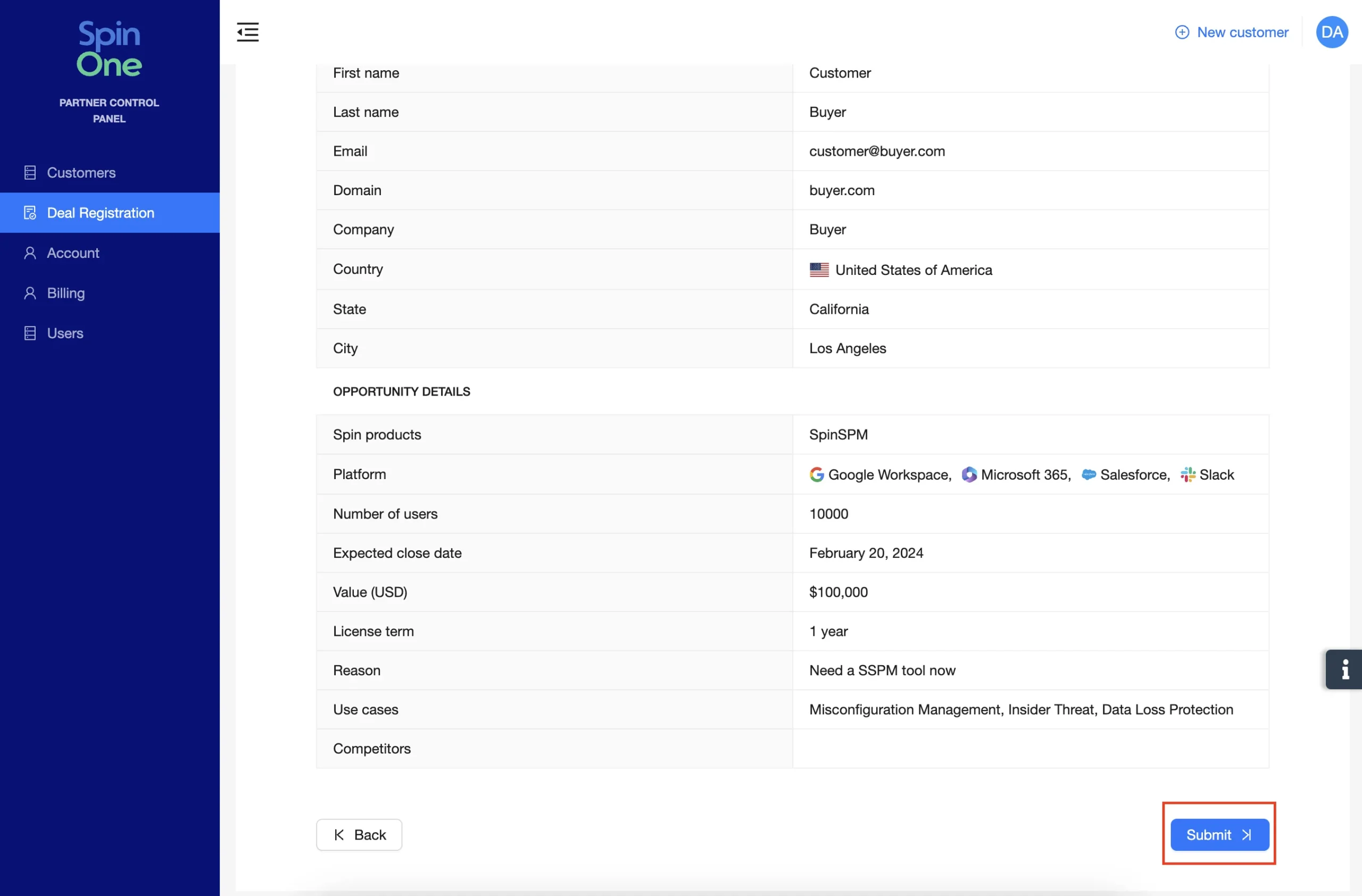 Application Summary | Spin.AI Application summary screen for registering a deal on Spin.AI partner portal