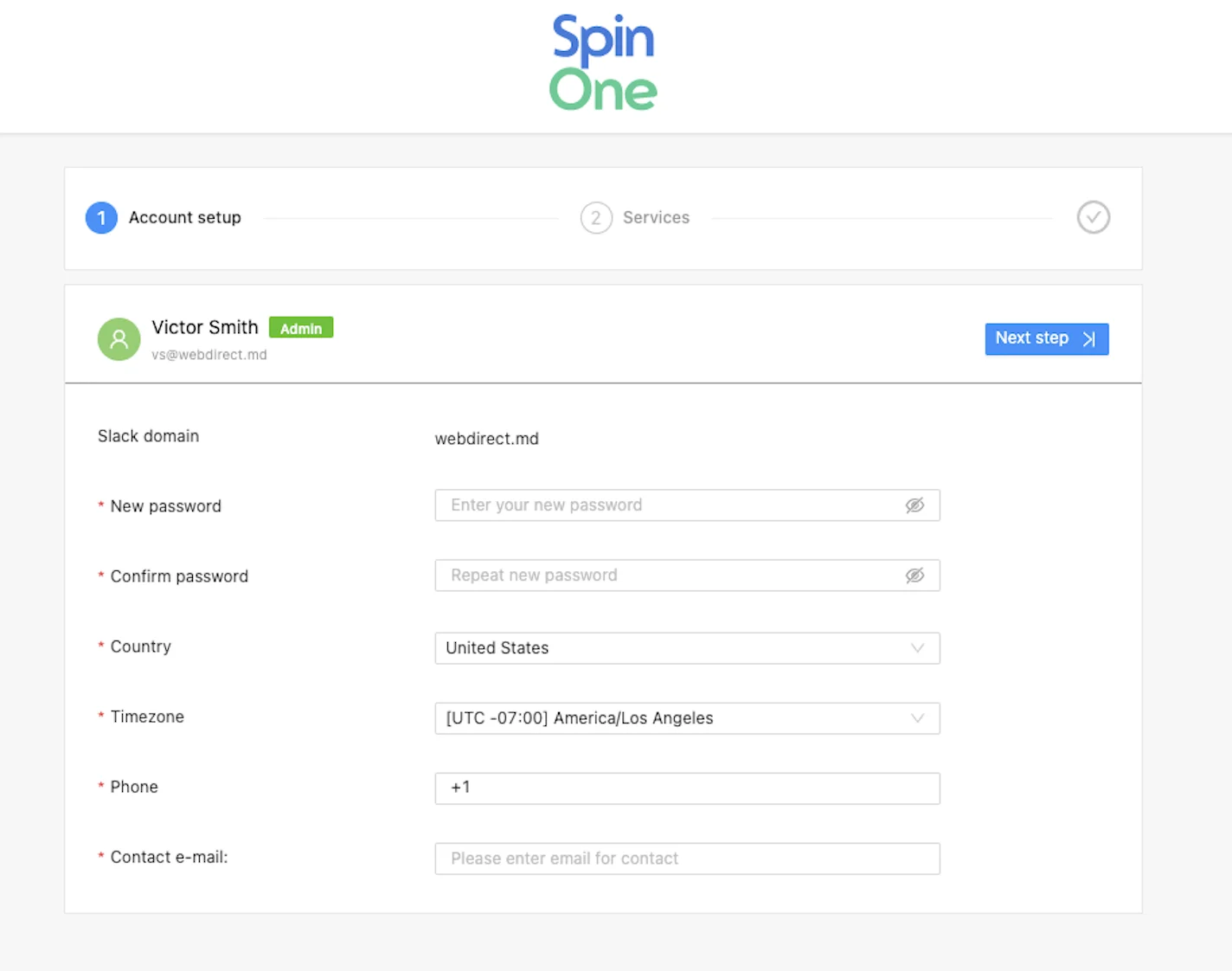 Account Details | Spin.AI Account details screen for Slack workspace registration on Spin.AI