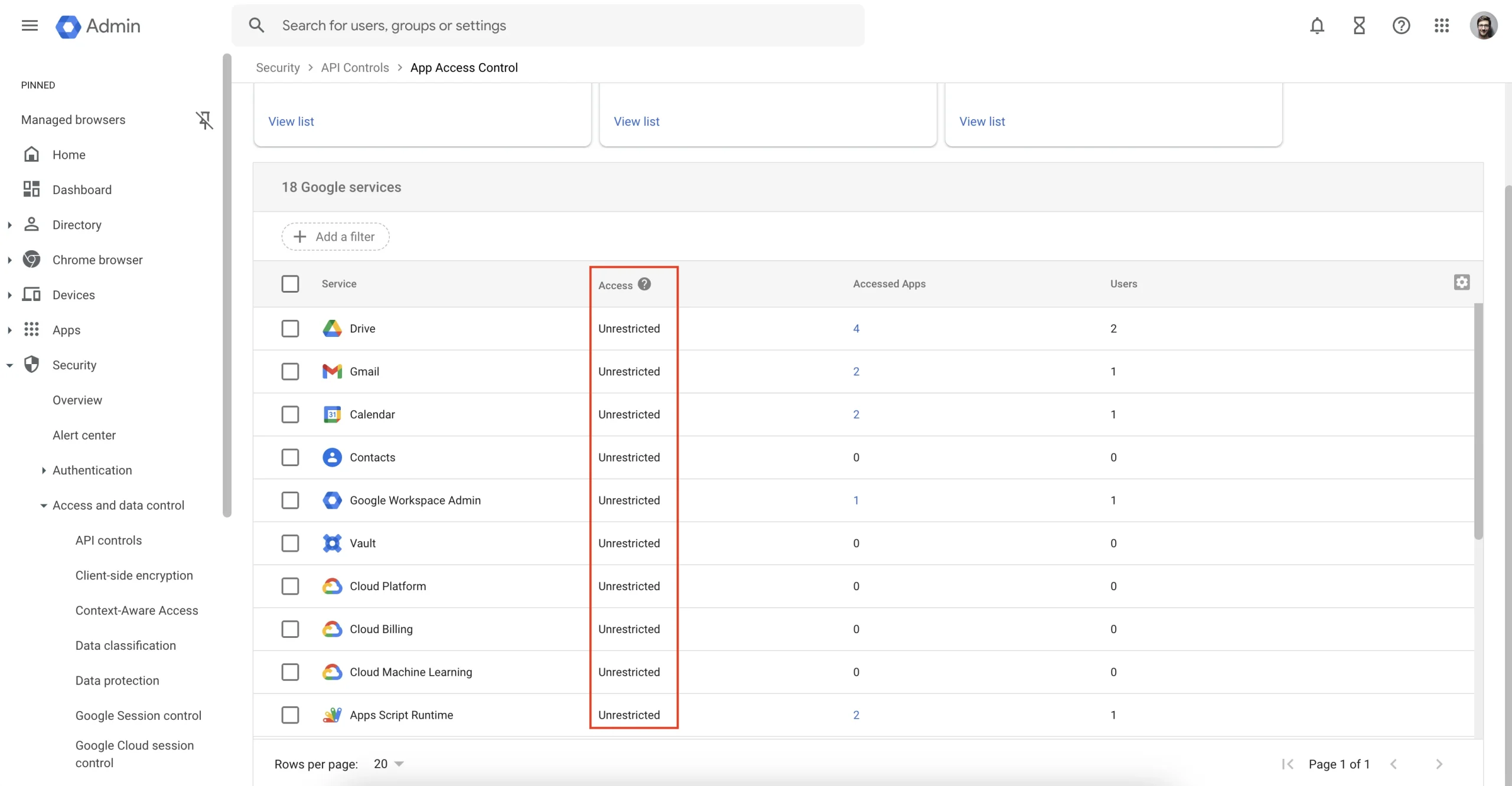 Manage Google Services | Spin.AI Manage Google services permissions screen in Google Workspace