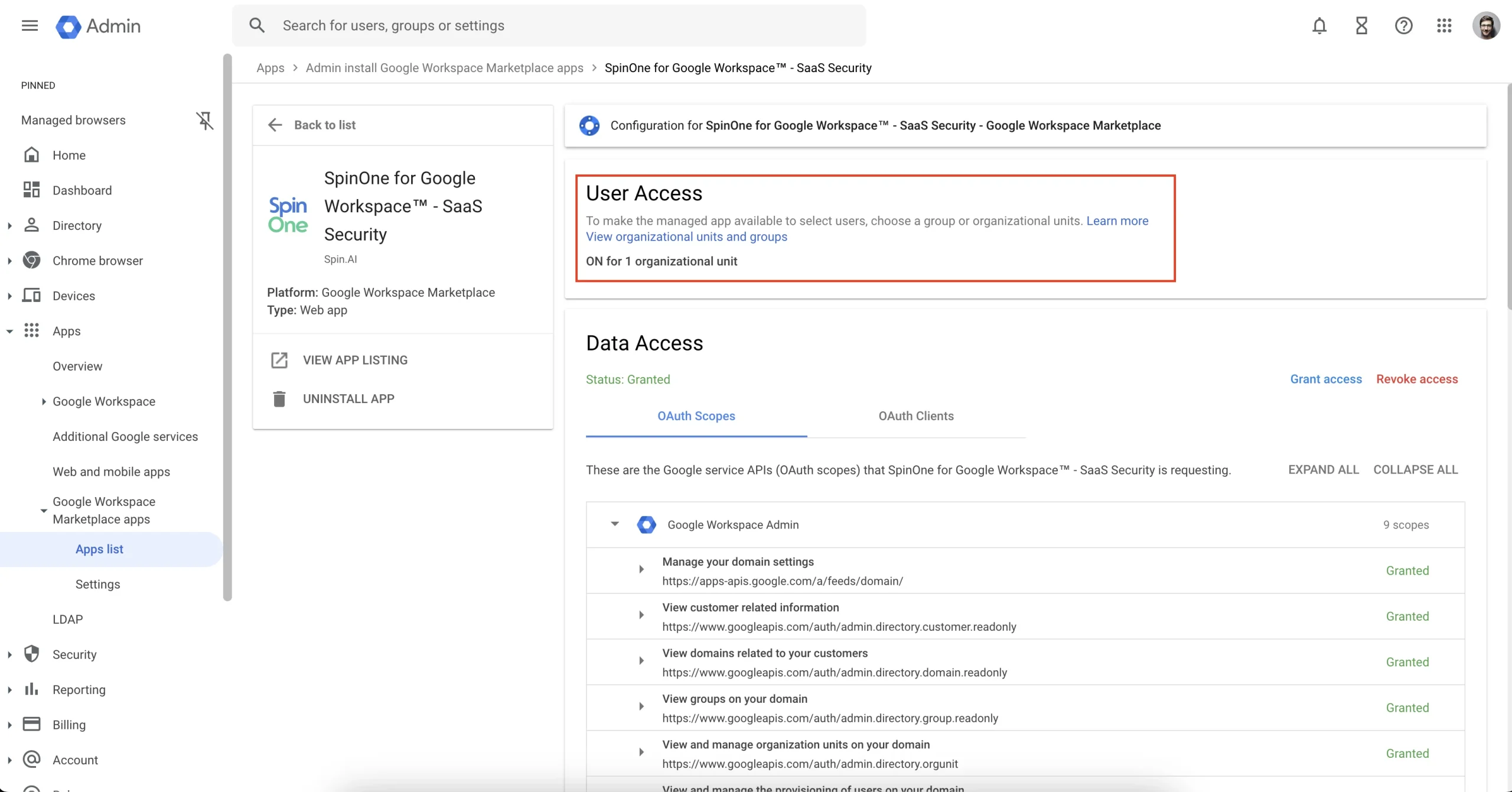 View Organizational Units | Spin.AI View organizational units permissions screen in Google Workspace