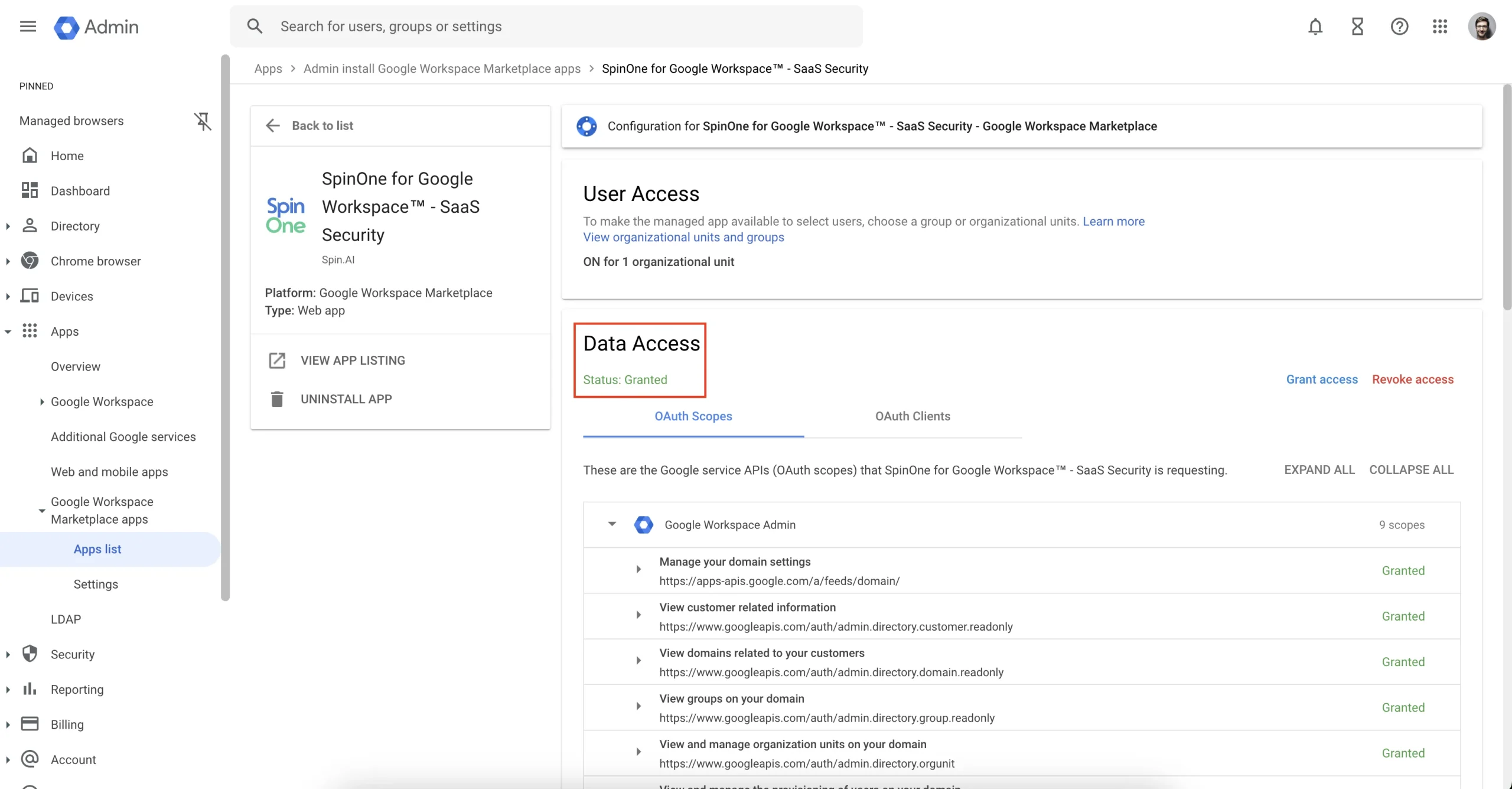 Data Access Granted | Spin.AI Google Admin console showing SpinOne for Google Workspace SaaS Security app, with Data Access status: Granted (ON for 1 organizational unit).