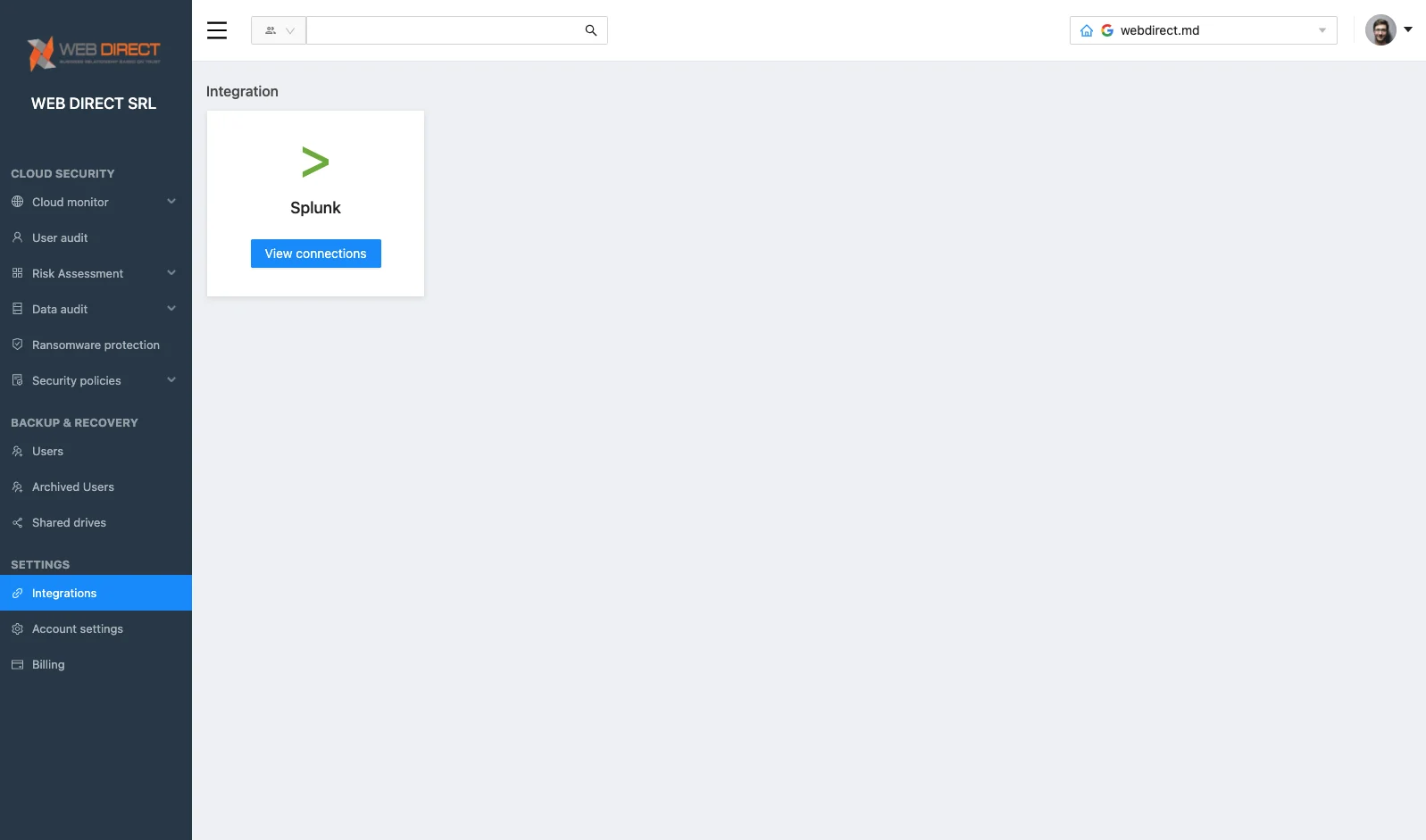 Left-hand navigation panel with Web Direct SRL logo and menu items (Integrations, Backup & Recovery, Settings).