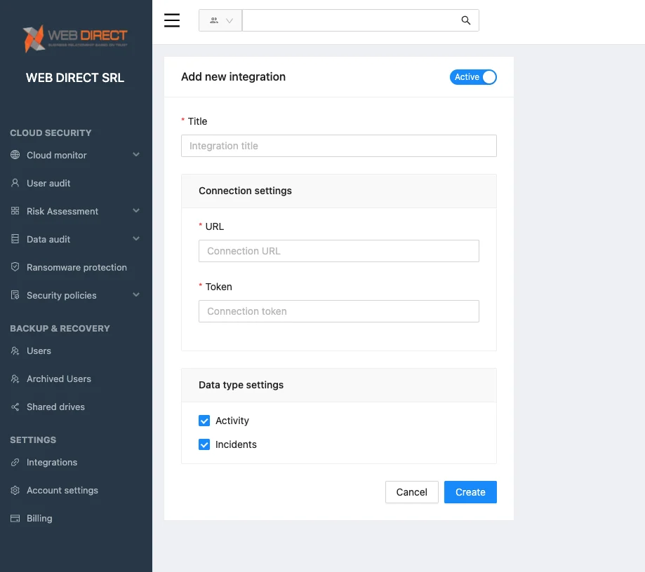 Screenshot of Splunk integration configuration for Microsoft 365