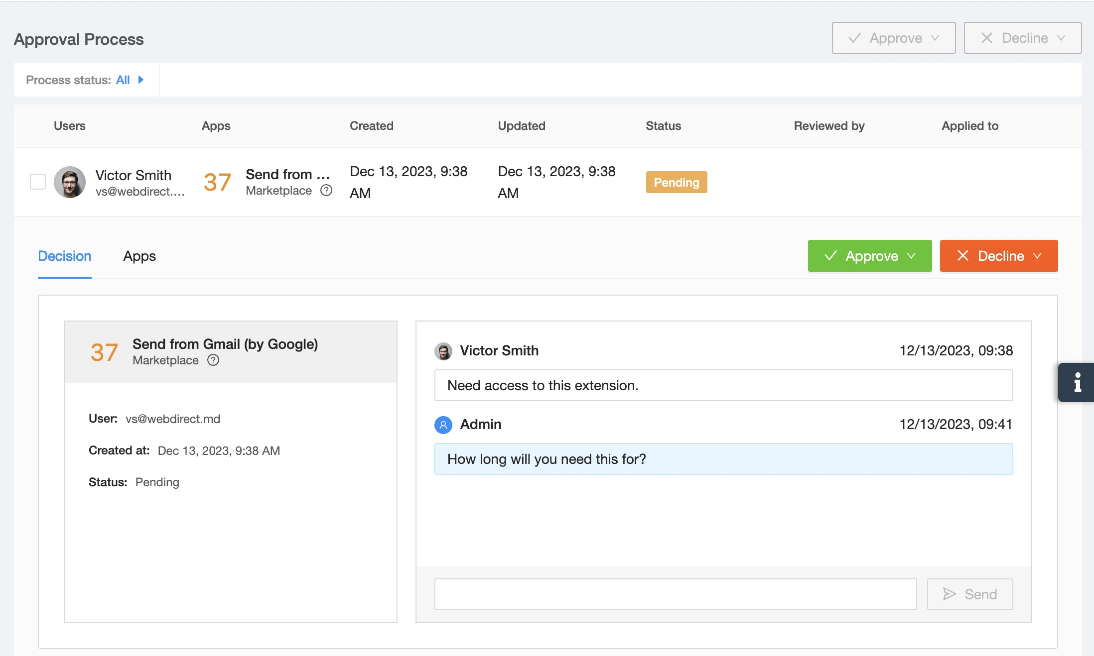 Approval Process Response | Spin.AI Response screen for approval process in SpinMonitor