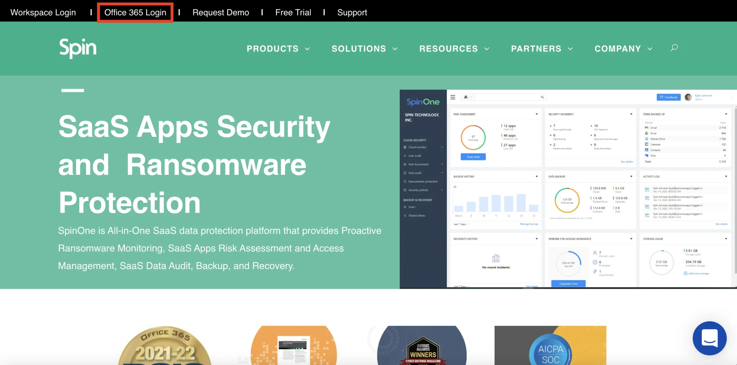 Hero banner showing the message 'SaaS Apps Security and Ransomware Protection' on a teal background with Spin branding and a right-side software dashboard image]