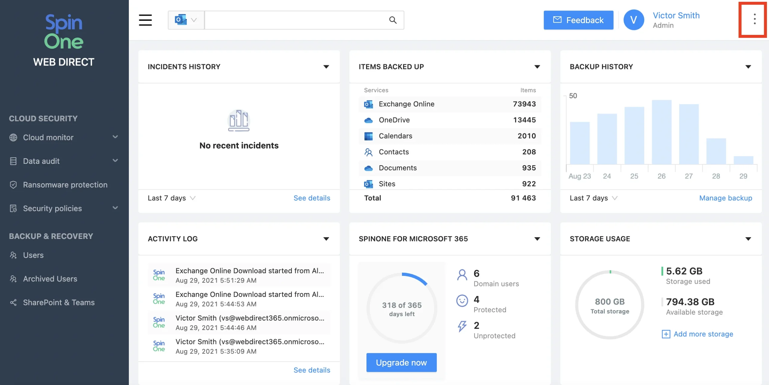 Microsoft 365 backup account settings overview in SpinOne