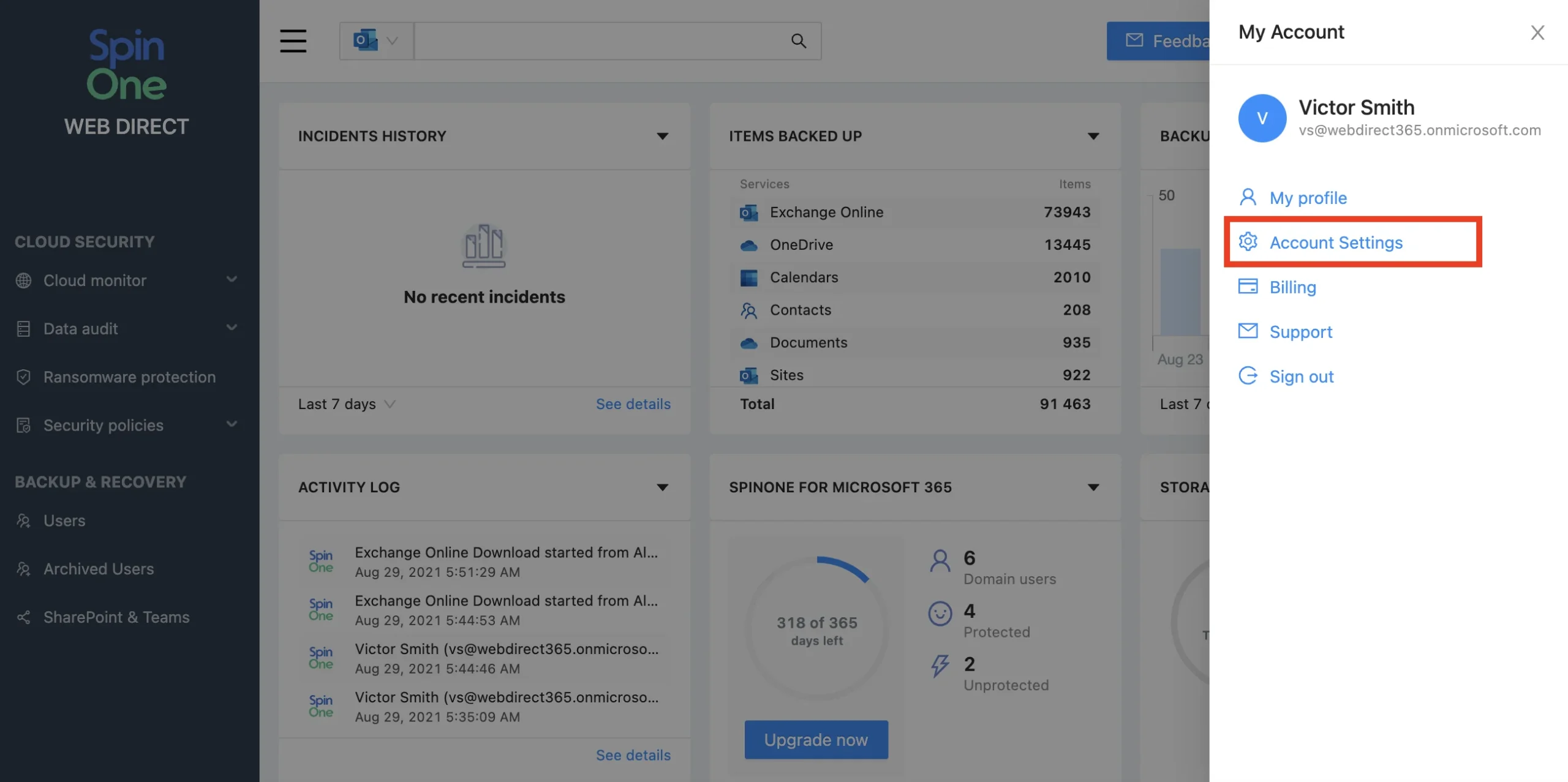 Dashboard with dark left navigation and a right-hand account menu; Account Settings is highlighted.