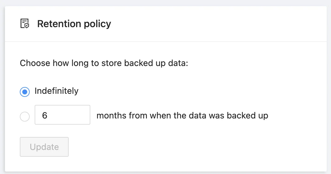 Microsoft 365 account backup settings interface with detailed options