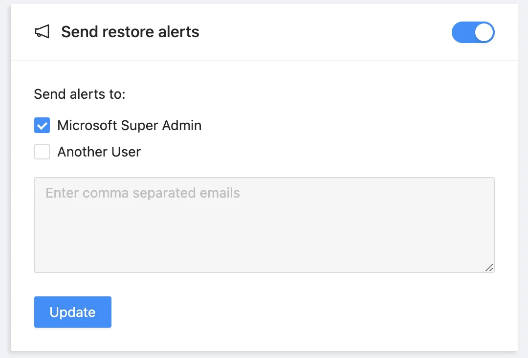 Microsoft 365 account backup settings showing user preferences and options