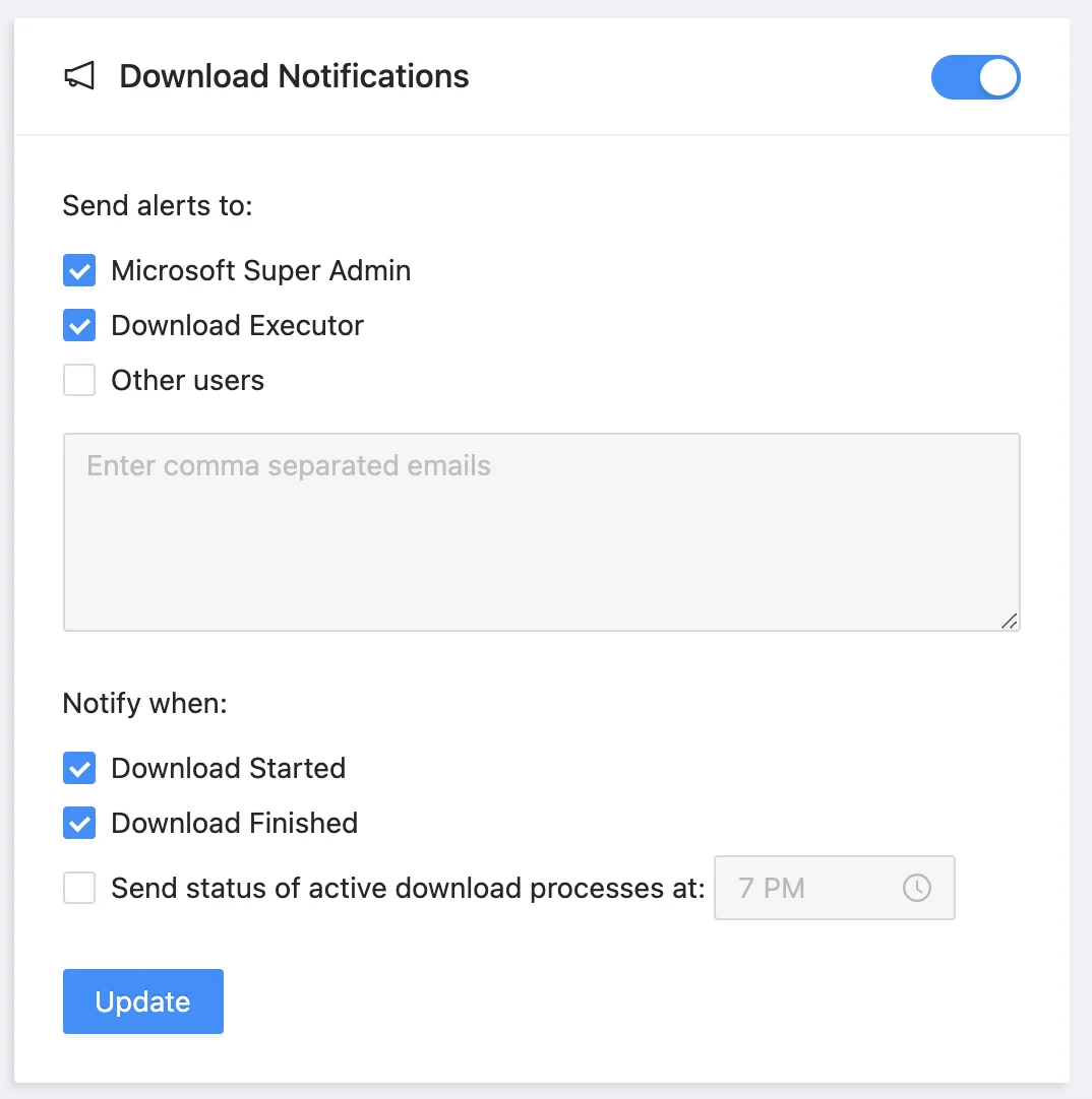 Microsoft 365 backup settings screen with scheduling and notification options