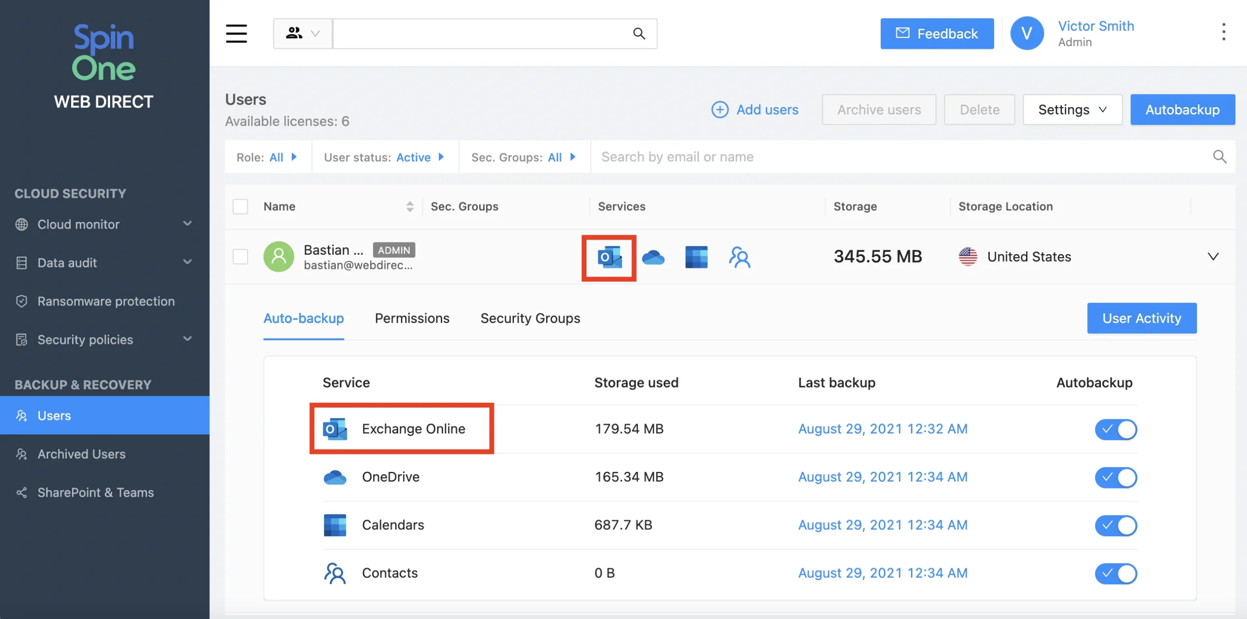 SpinOne Versions Snapshot Interface | Spin.AI Admin dashboard showing a Users list with Exchange Online and other services for a selected user, on a Spin One UI profile page (left navigation visible).