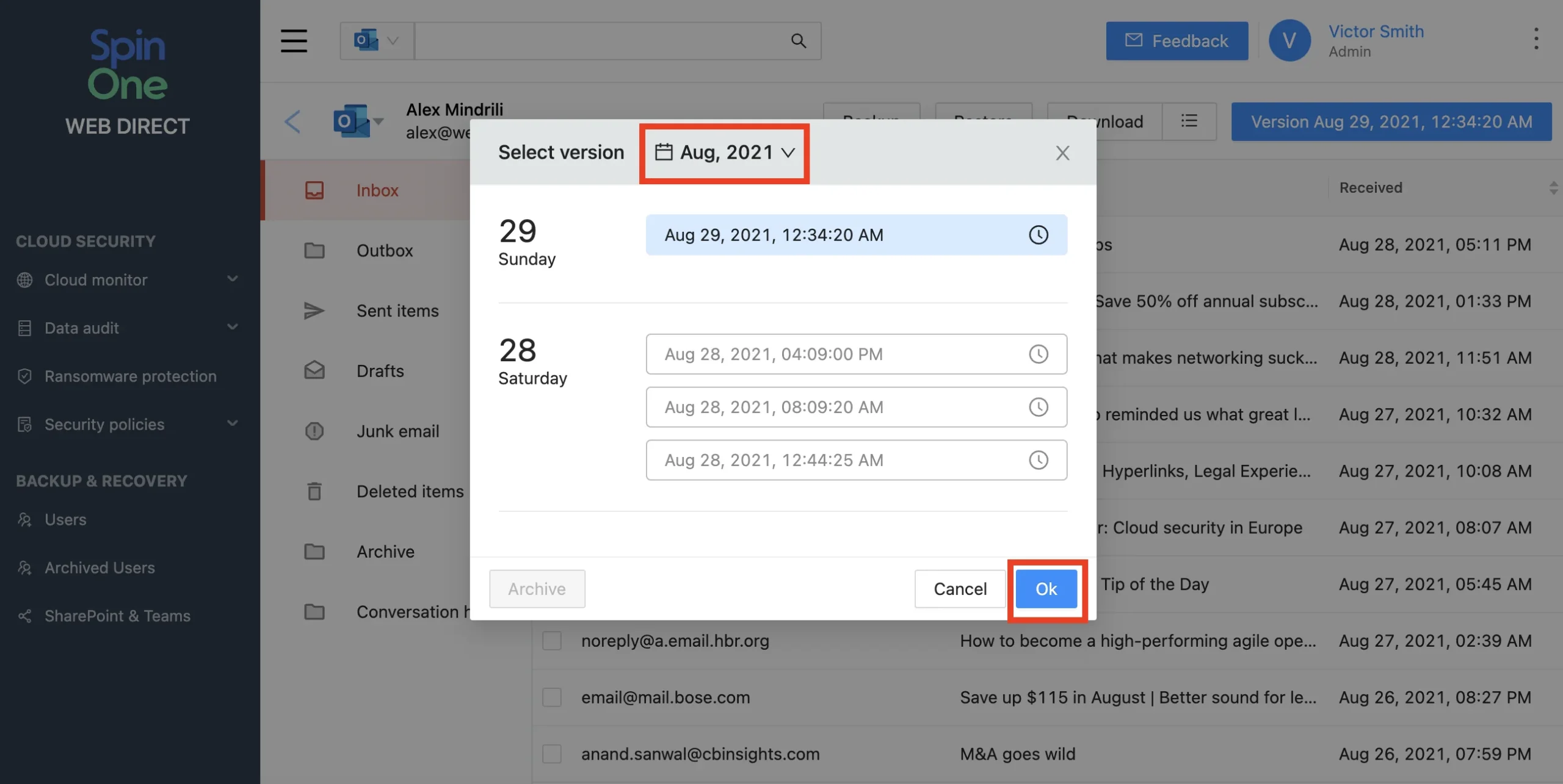 SpinOne Versions Snapshot Timeline | Spin.AI Screenshot of SpinOne versions snapshot timeline view