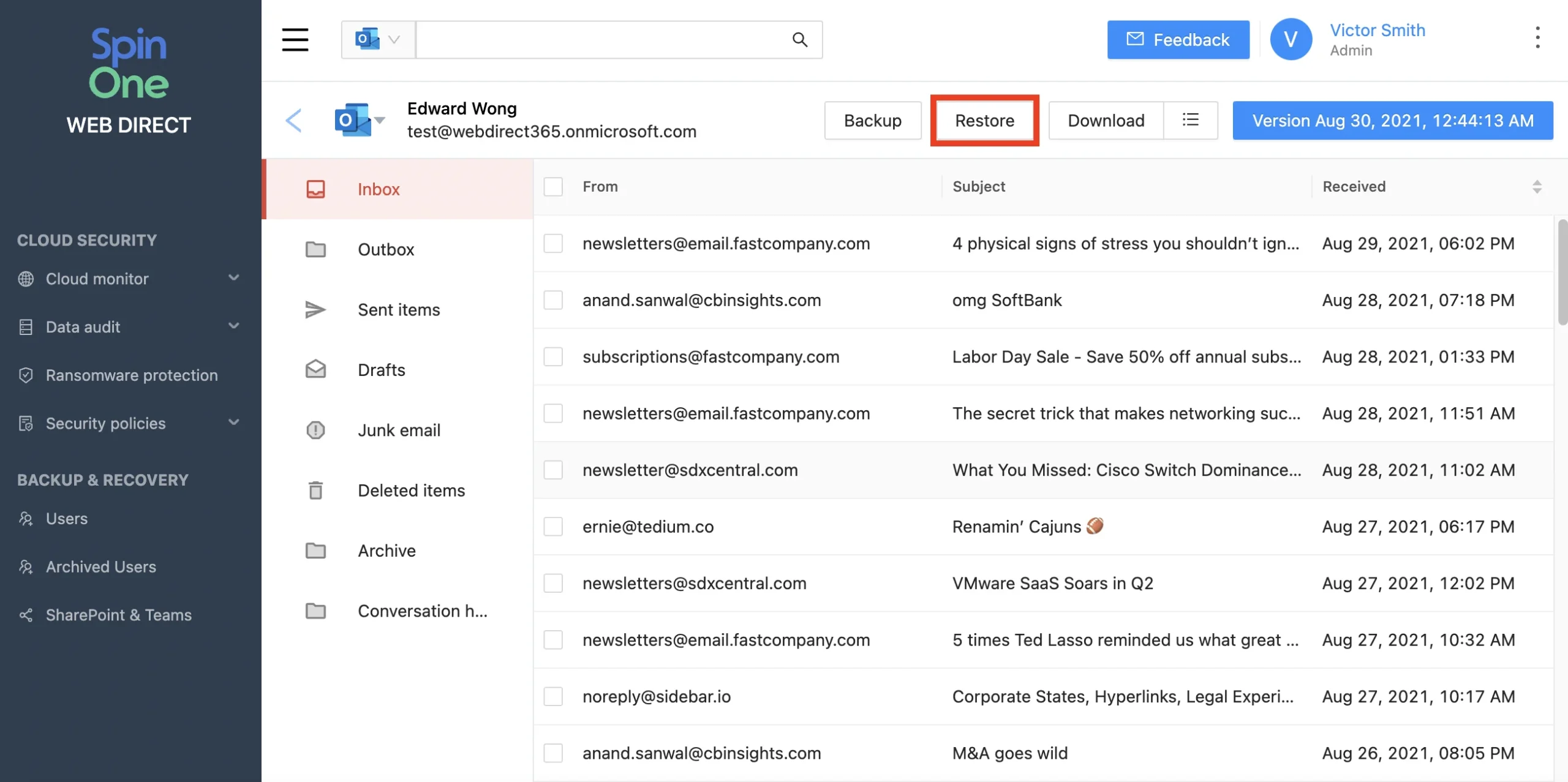 Microsoft 365 File Recovery Process | Spin.AI Microsoft 365 deleted data restoration screen showing file recovery process