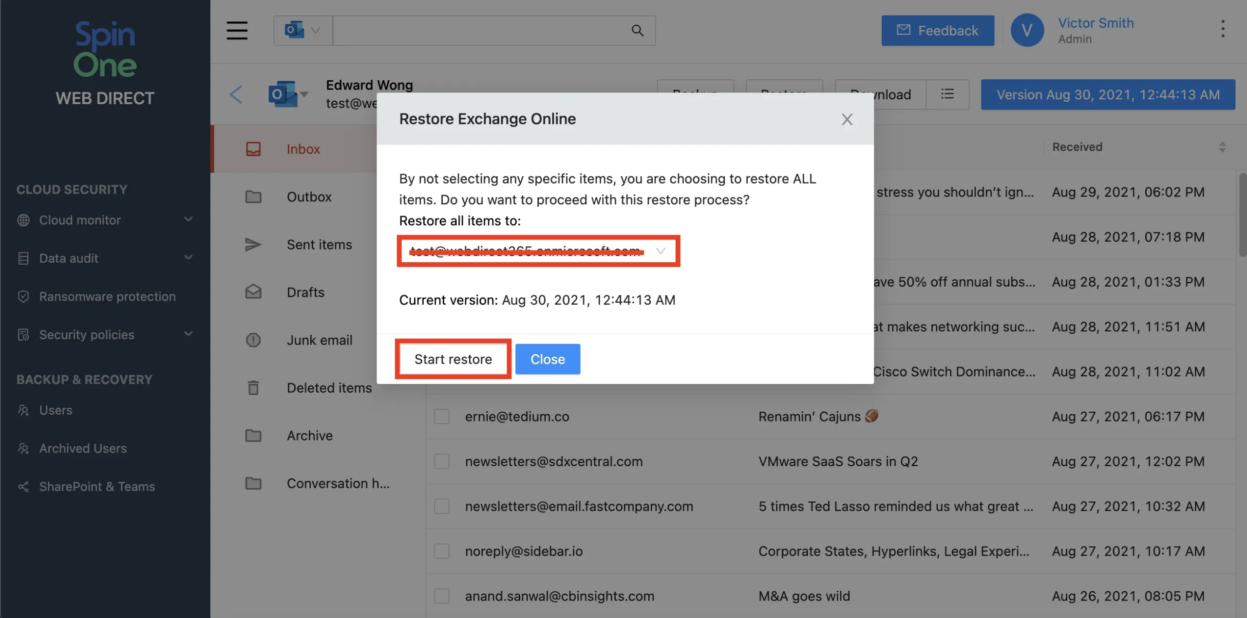 Microsoft 365 Backup History and Restoration | Spin.AI Modal: Restore Exchange Online dialog explaining full-item restore; shows destination email dropdown and 'Start restore' button with 'Close' option nearby.