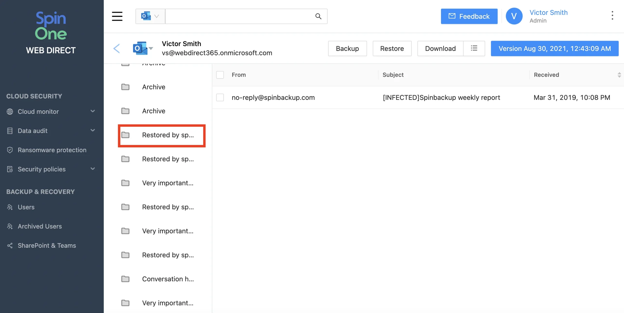 Microsoft 365 Deleted Data Restoration | Spin.AI Backup management UI with a left navigation rail; the highlighted folder reads 'Restored by sp...' in the list of backups.