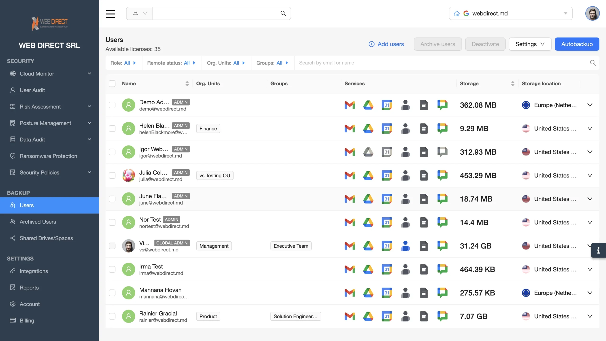 Product Interface Q1 2025 | Spin.AI Admin dashboard: Users page with list of users, avatars, roles, storage usage, and country flags in the table