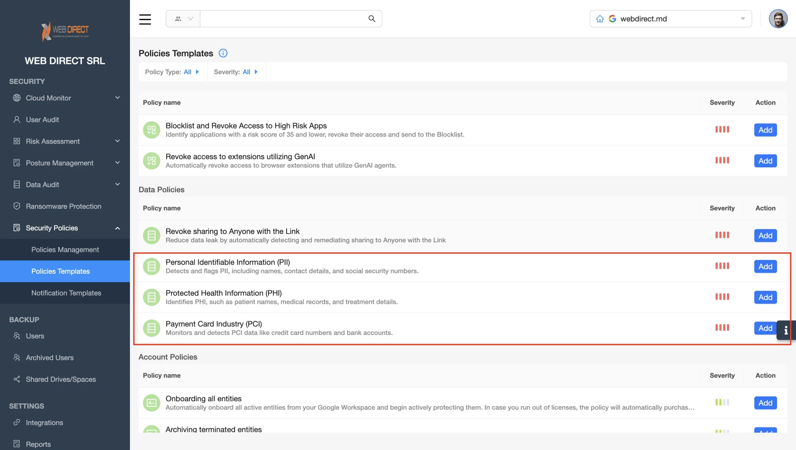 SpinDLP templates overview in Spin.AI platform