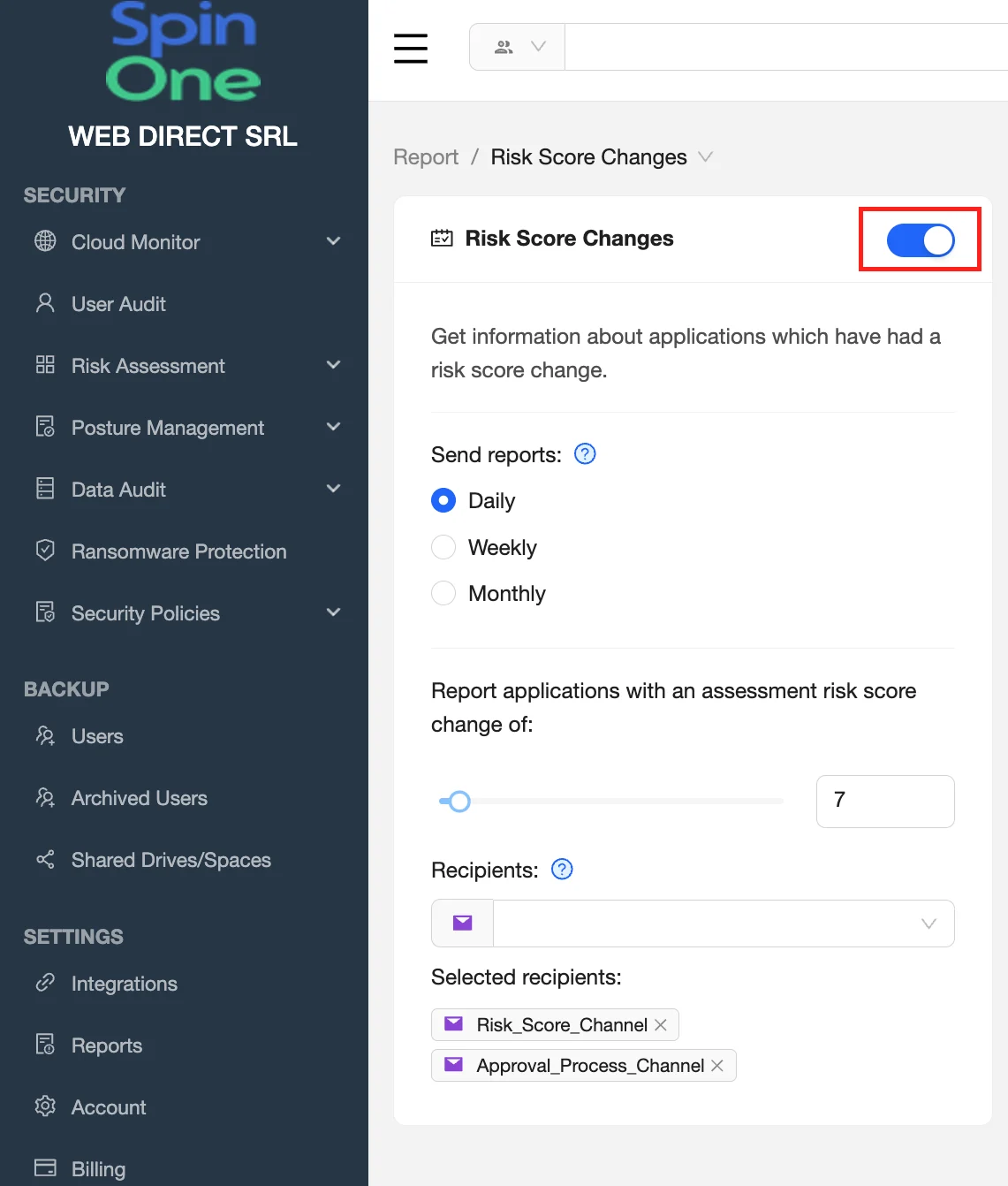 SpinOne GWorkspace Reporting Options | Spin.AI SpinOne GWorkspace reporting setup interface showing report options