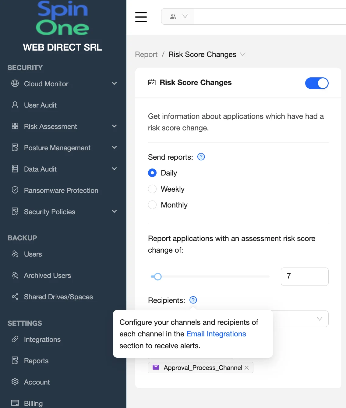 SpinOne GWorkspace Reporting Details | Spin.AI SpinOne GWorkspace reporting setup screen with report details