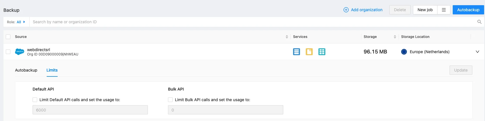 SpinOne API limits settings screen showing configuration options