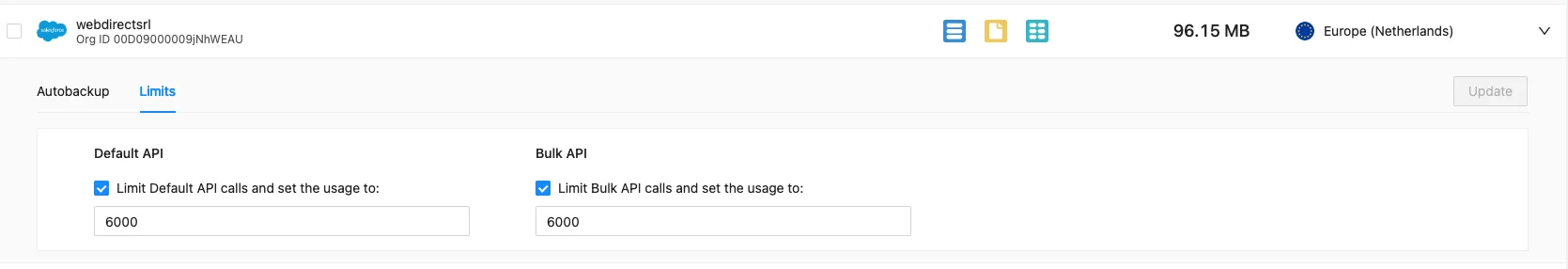 SpinOne API limits configuration interface with adjustable parameters