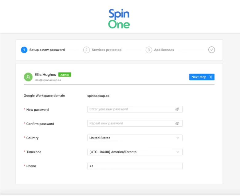 Screen shot showing SpinOne Microsoft 365 business account sign-up progress