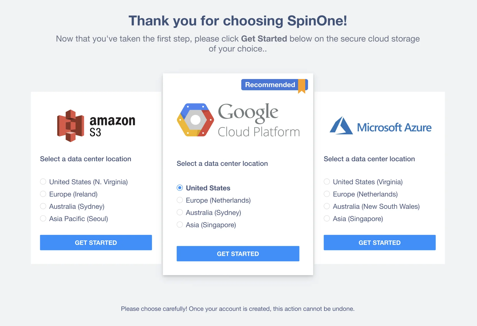SpinOne Salesforce Trial Storage Location | Spin.AI SpinOne Salesforce trial account setup screen showing storage location settings