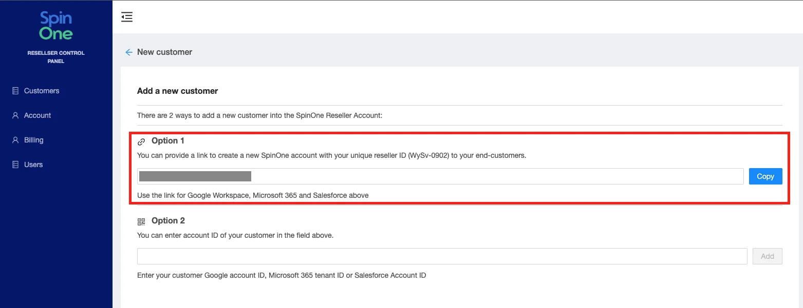Reseller Link Interface | Spin.AI Reseller link interface for creating SpinOne account with partner's link