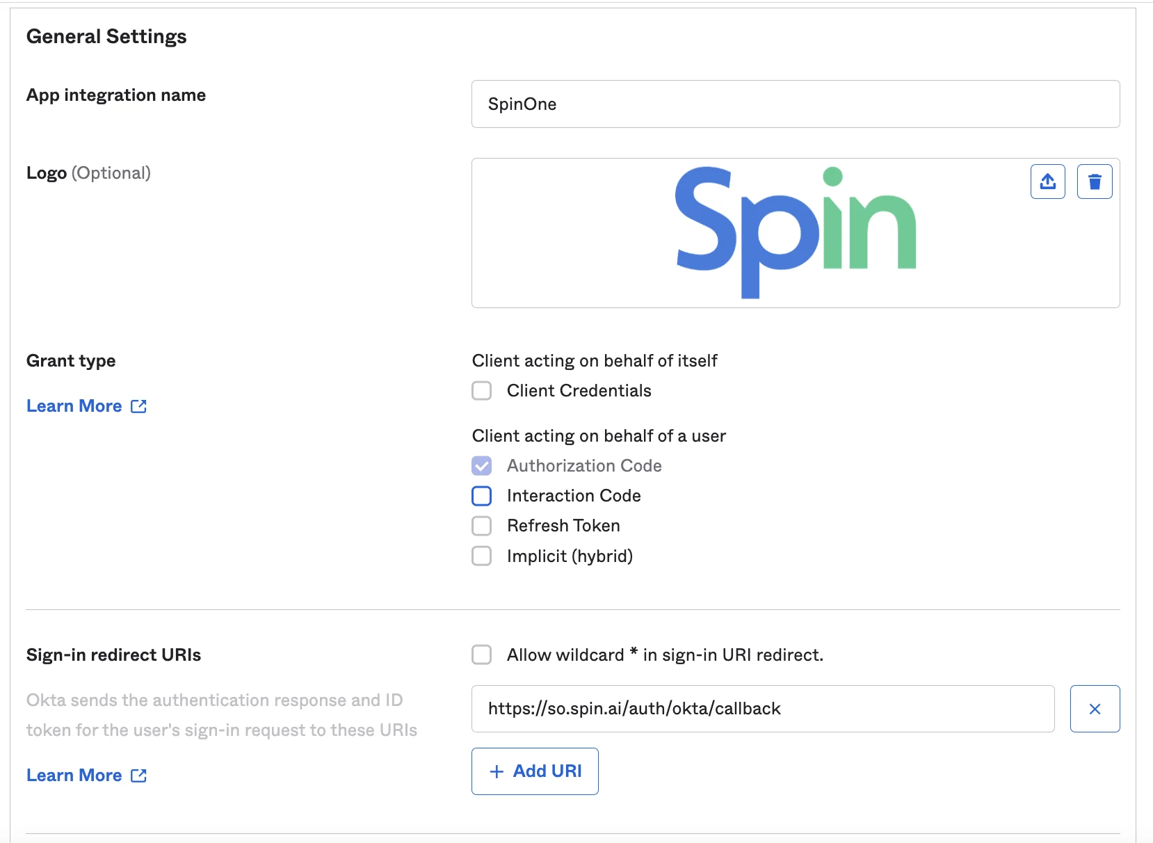 General Settings for SpinOne Okta Integration | Spin.AI Screenshot of general settings page in Okta for SpinOne integration